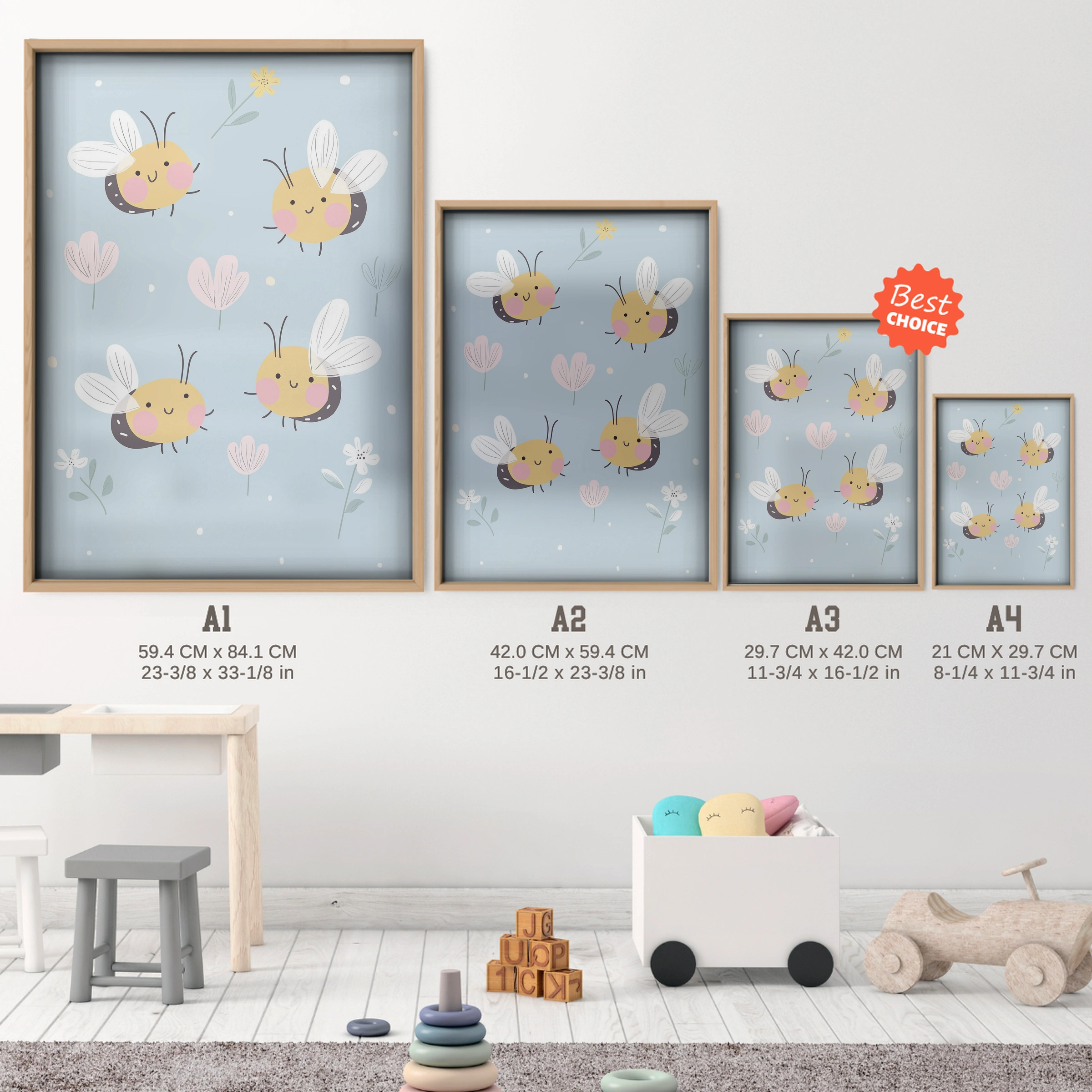 Little Bees Nursery Print - size guide A4 A3 A2 A1 nursery print