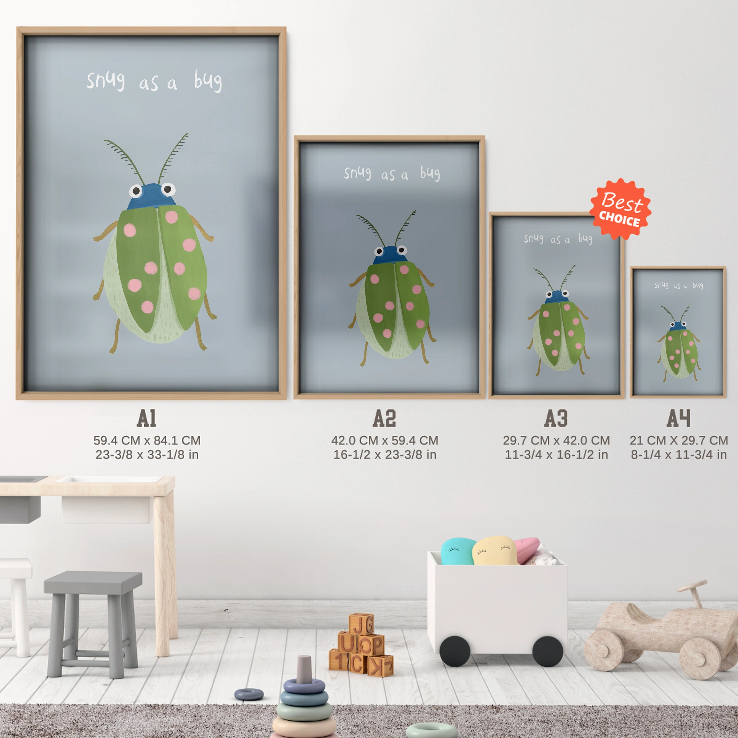Little Beetle Nursery Print - size guide A4 A3 A2 A1 nursery print