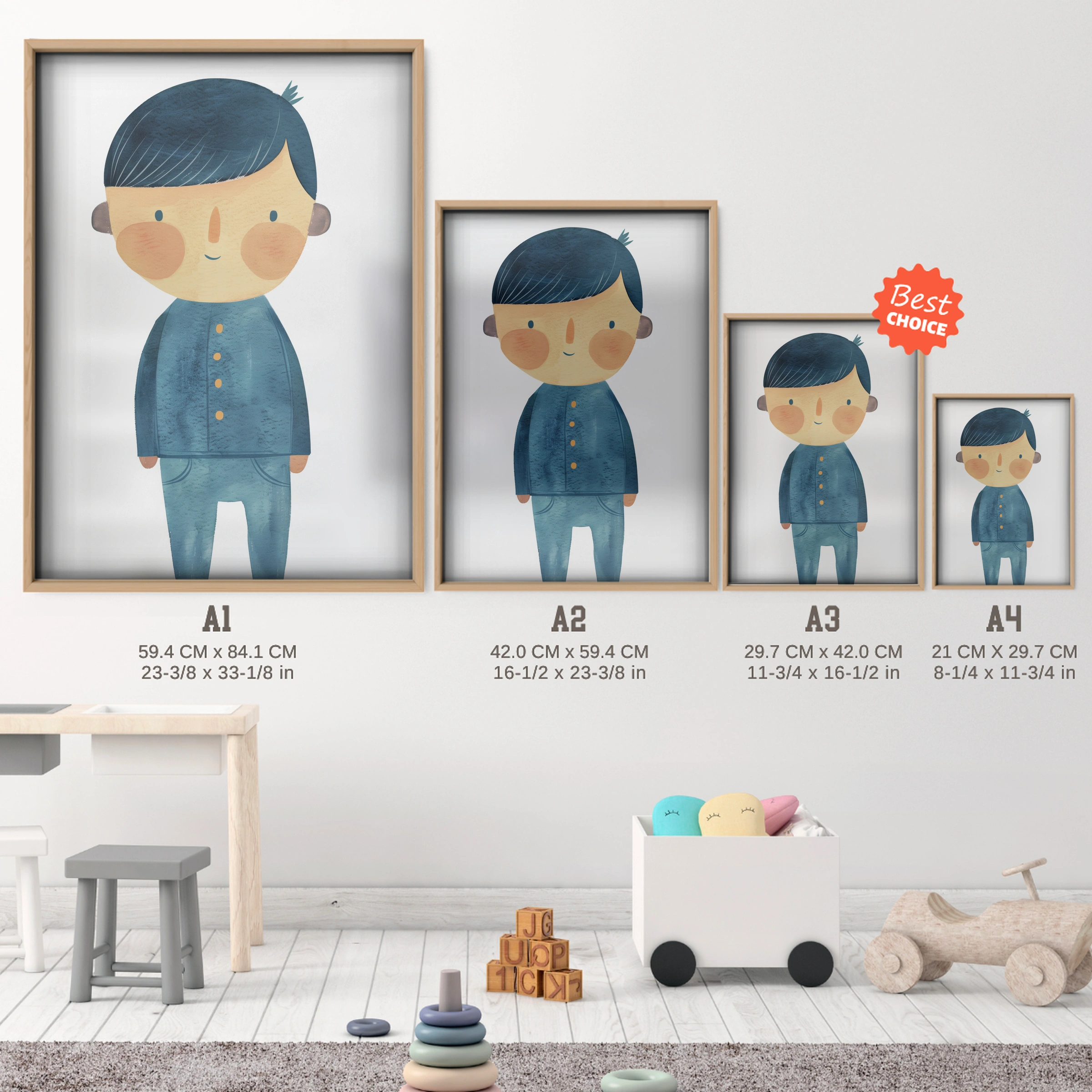 Little Boy in Blue Nursery Print - size guide A4 A3 A2 A1 nursery print