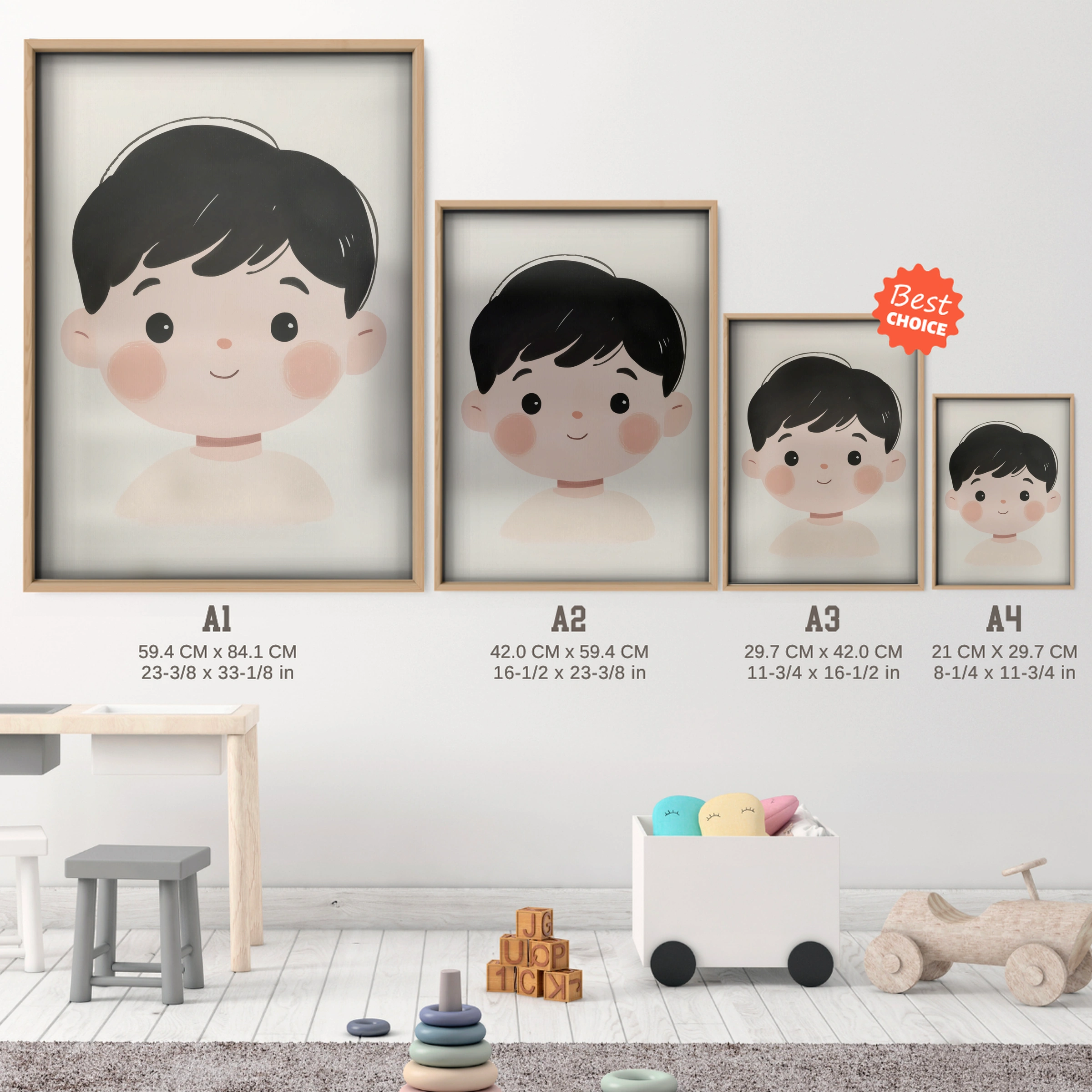 Little Boy Portrait Nursery Print - size guide A4 A3 A2 A1 nursery print
