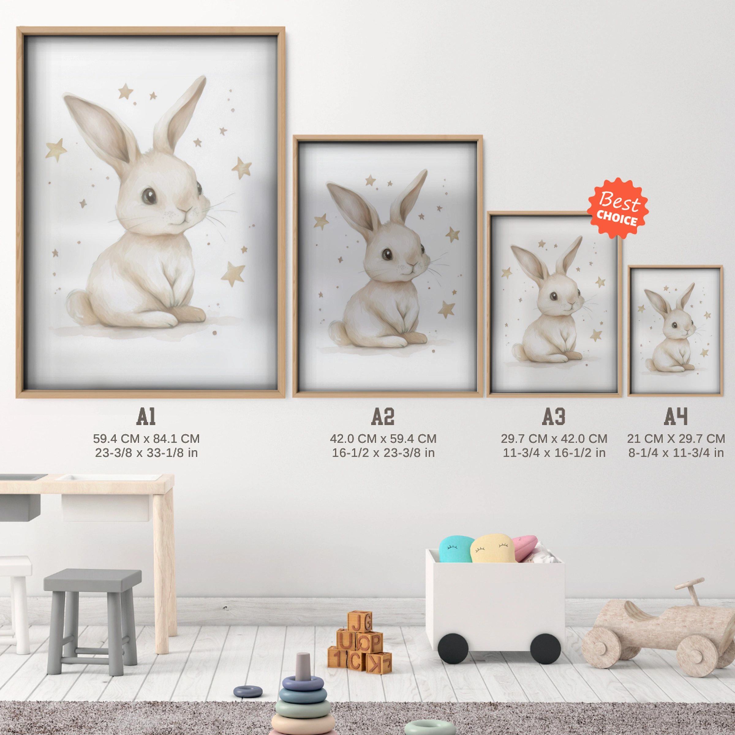 Little Bunny Nursery Print - size guide A4 A3 A2 A1 nursery print