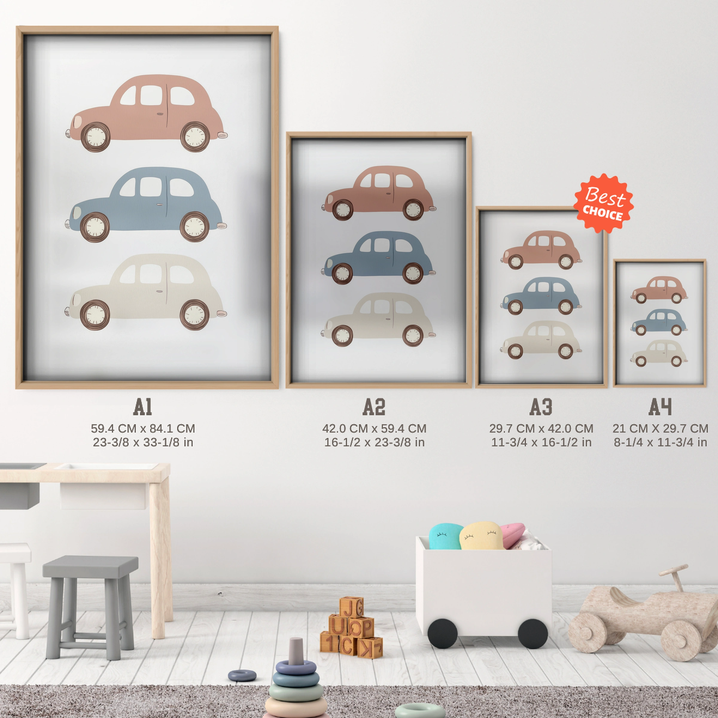 Little Cars Nursery Print - size guide A4 A3 A2 A1 nursery print
