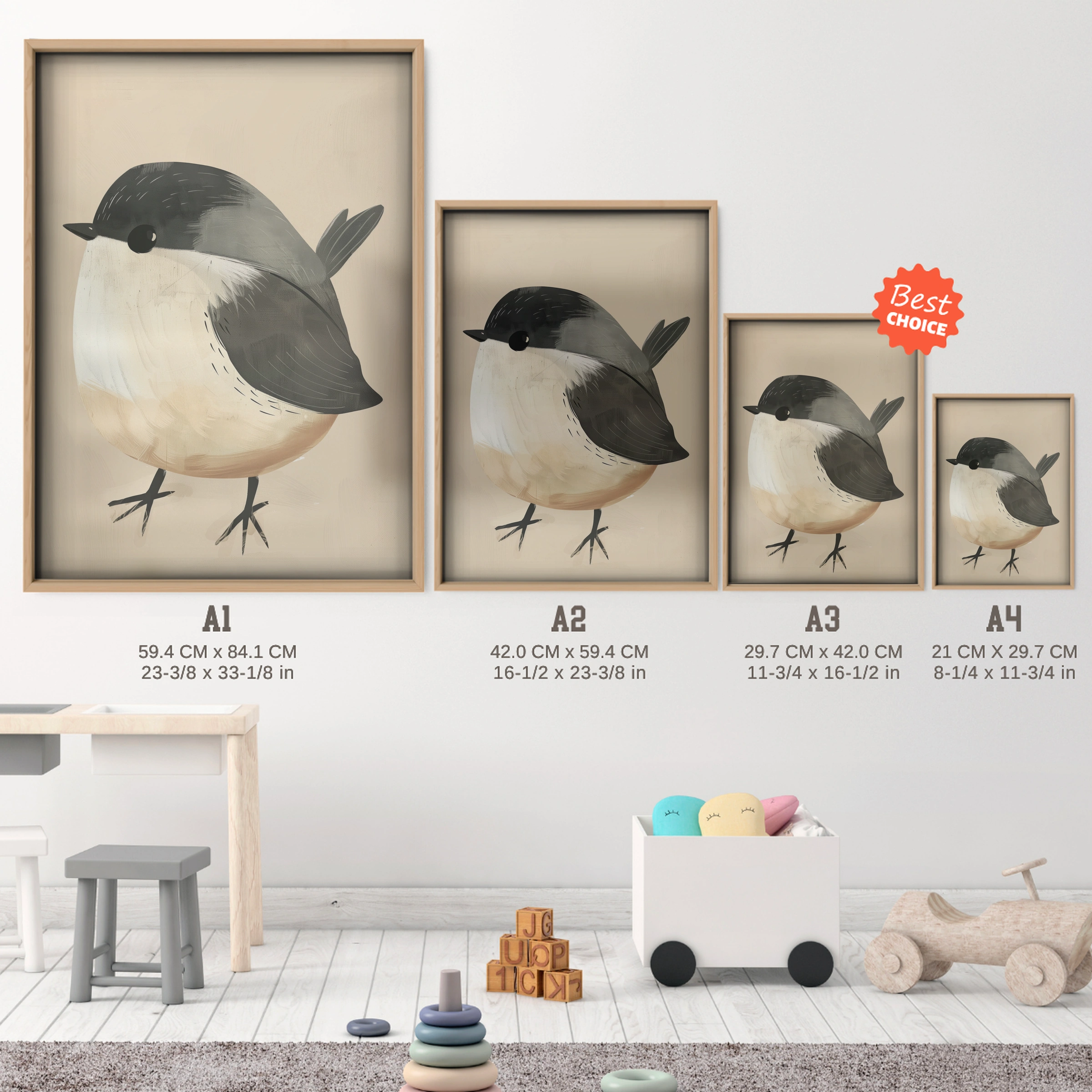 Little Chickadee Nursery Print - size guide A4 A3 A2 A1 nursery print