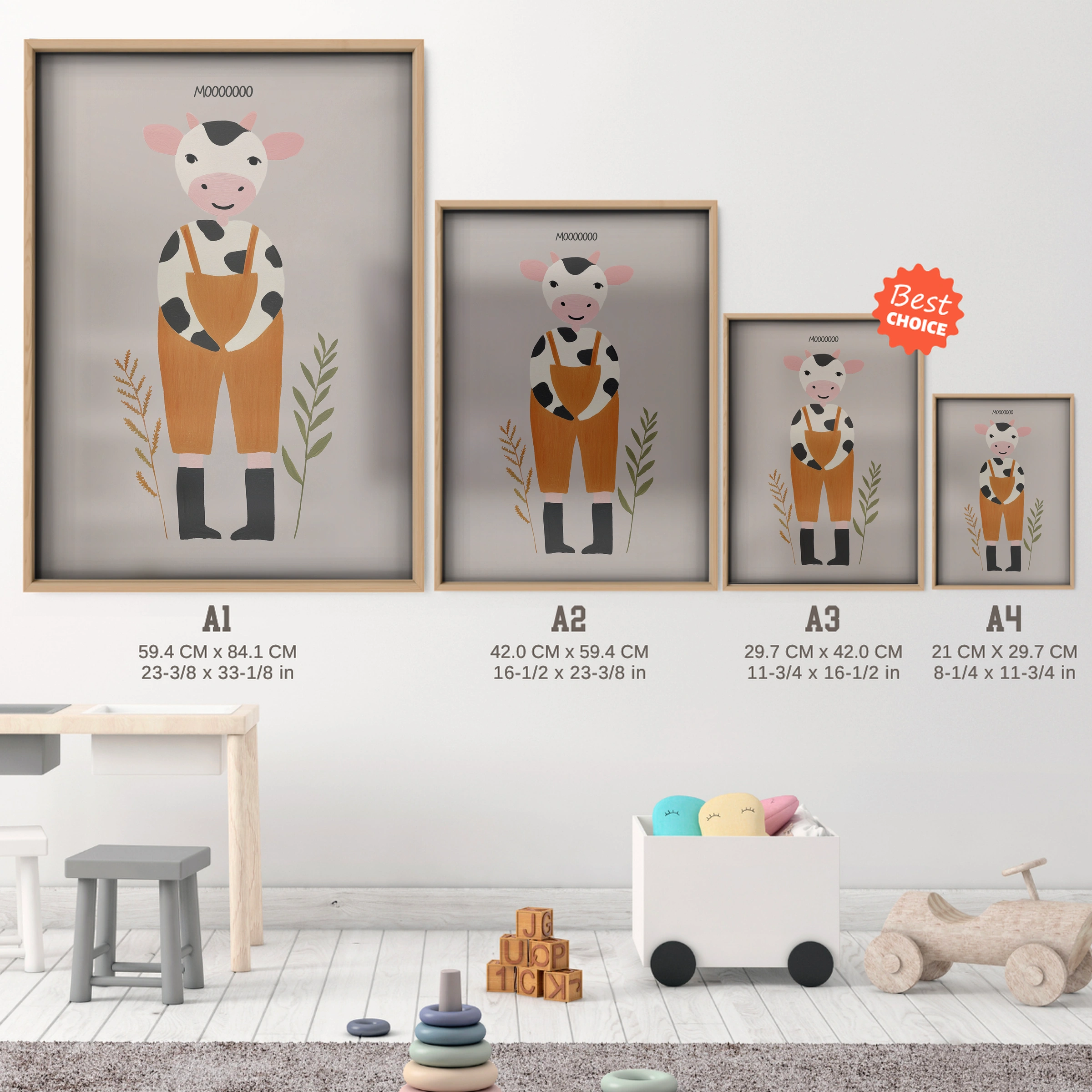 Little Cow Nursery Print - size guide A4 A3 A2 A1 nursery print