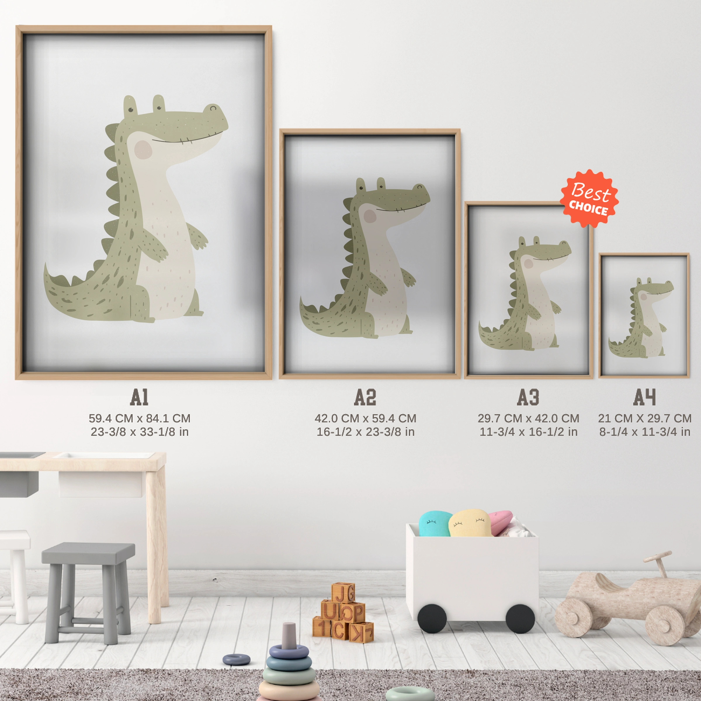 Little Crocodile Nursery Print - size guide A4 A3 A2 A1 nursery print