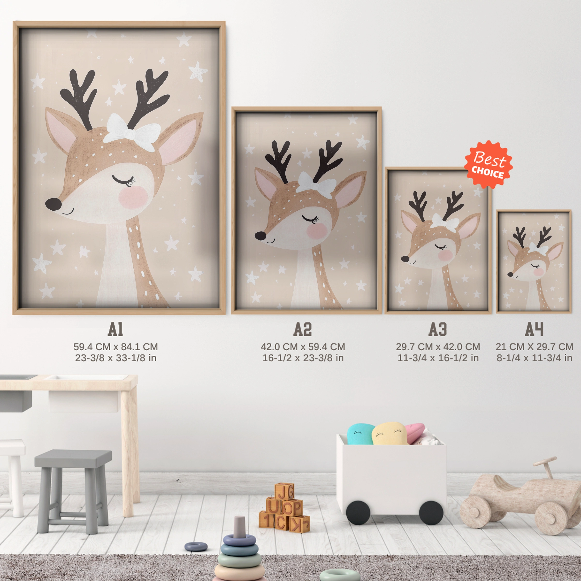 Little Deer Nursery Print - size guide A4 A3 A2 A1 nursery print