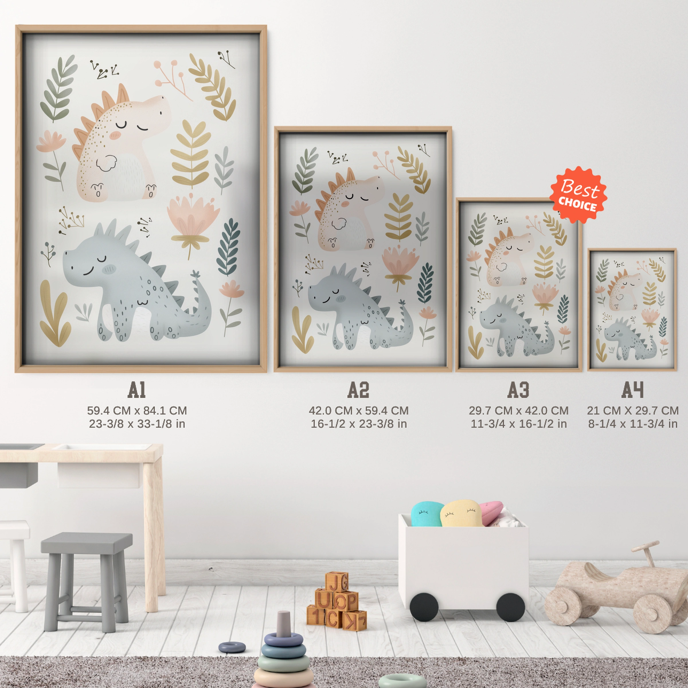 Little Dino Duo Nursery Print - size guide A4 A3 A2 A1 nursery print