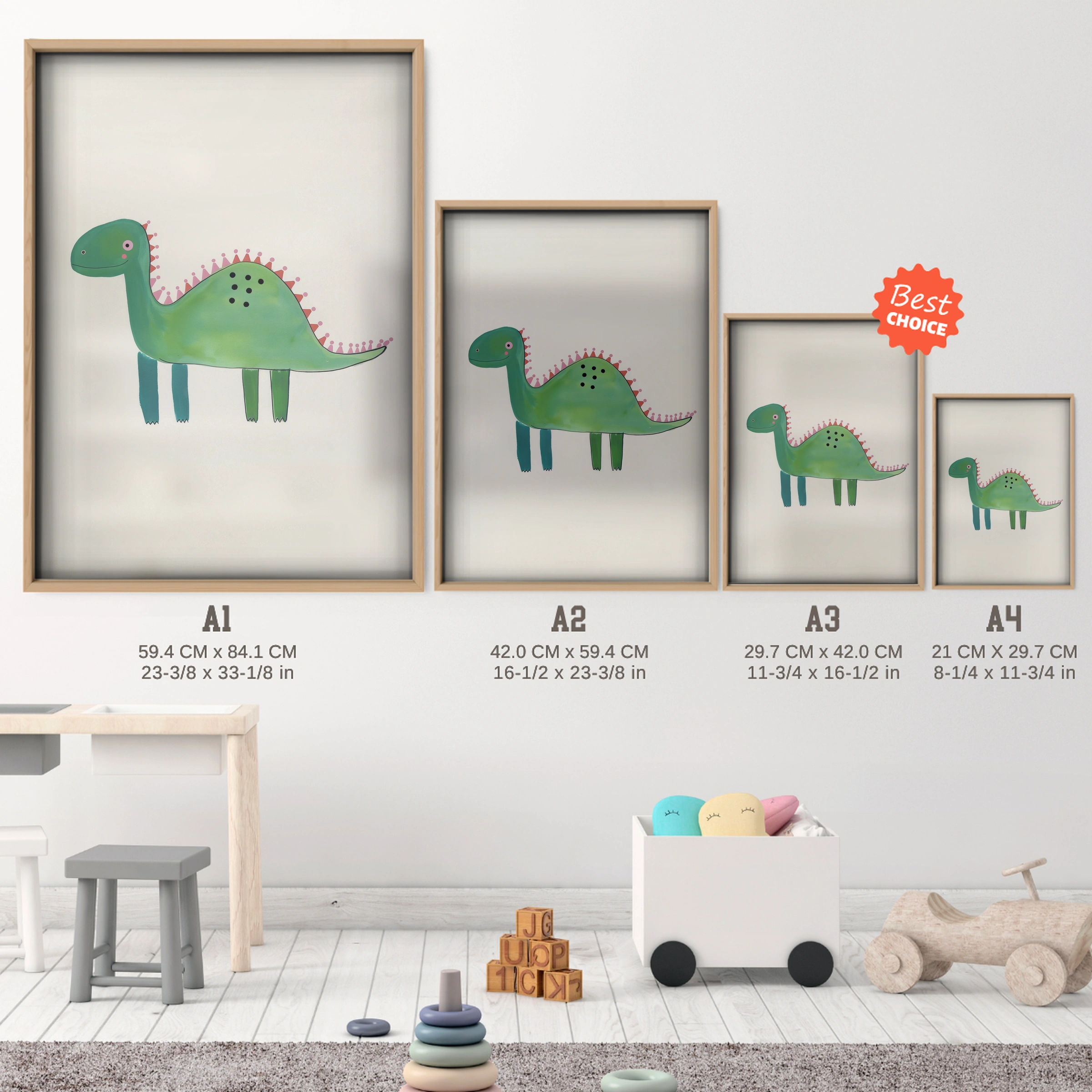 Little Dinosaur Nursery Print - size guide A4 A3 A2 A1 nursery print