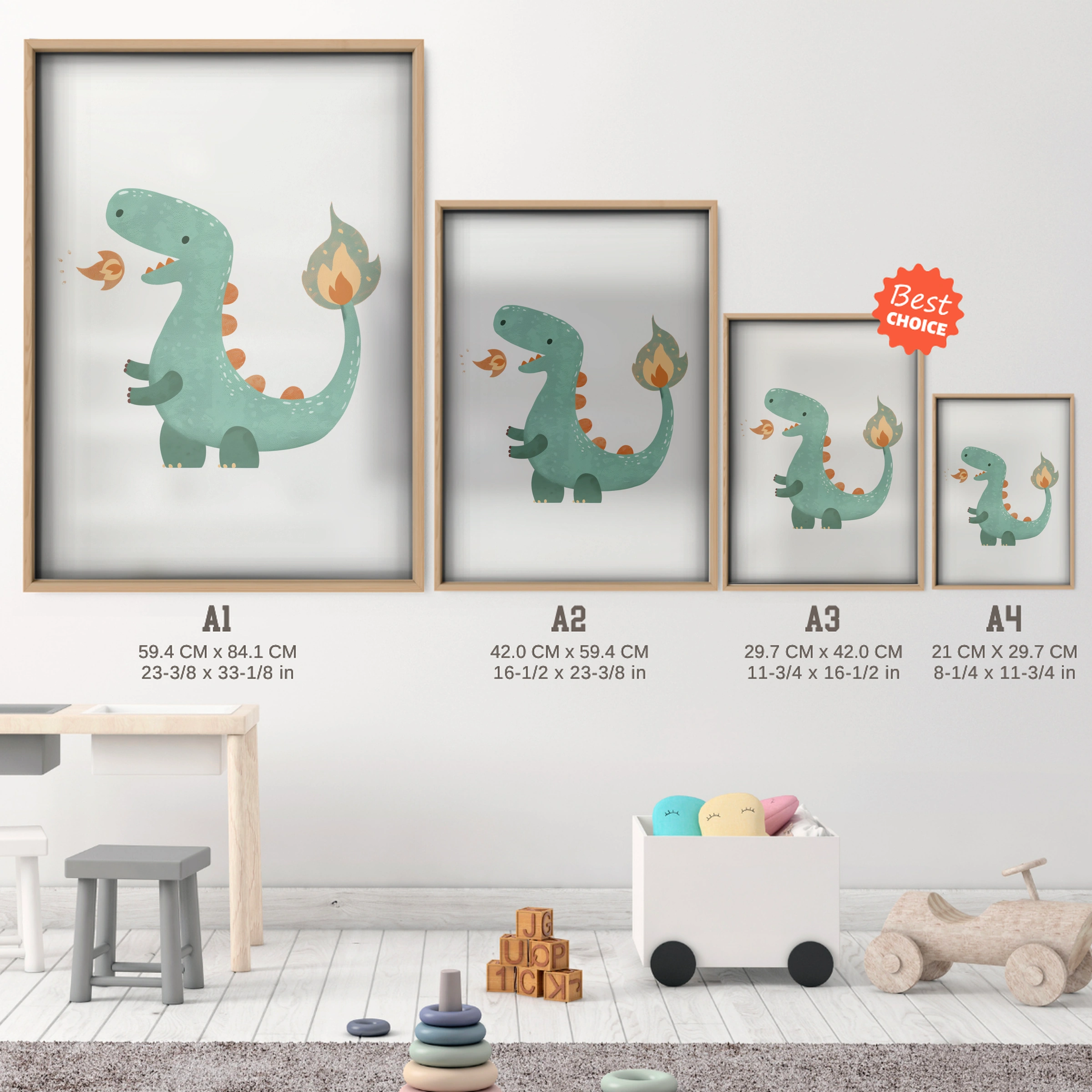 Little Dragon Nursery Print - size guide A4 A3 A2 A1 nursery print