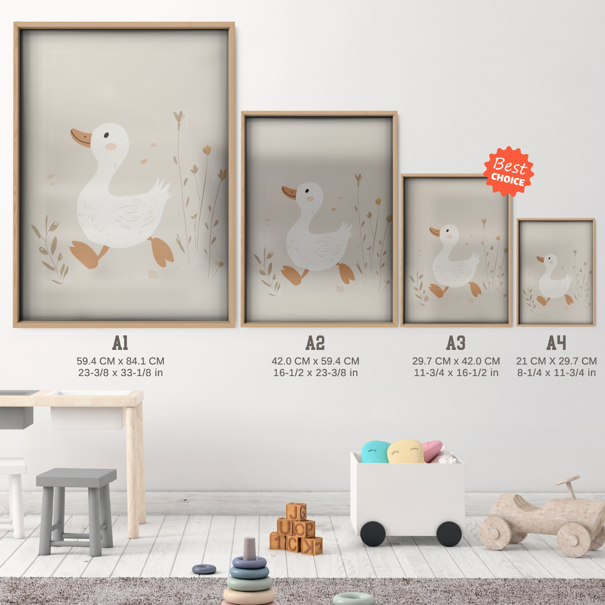 Little Duckling Nursery Print - size guide A4 A3 A2 A1 nursery print