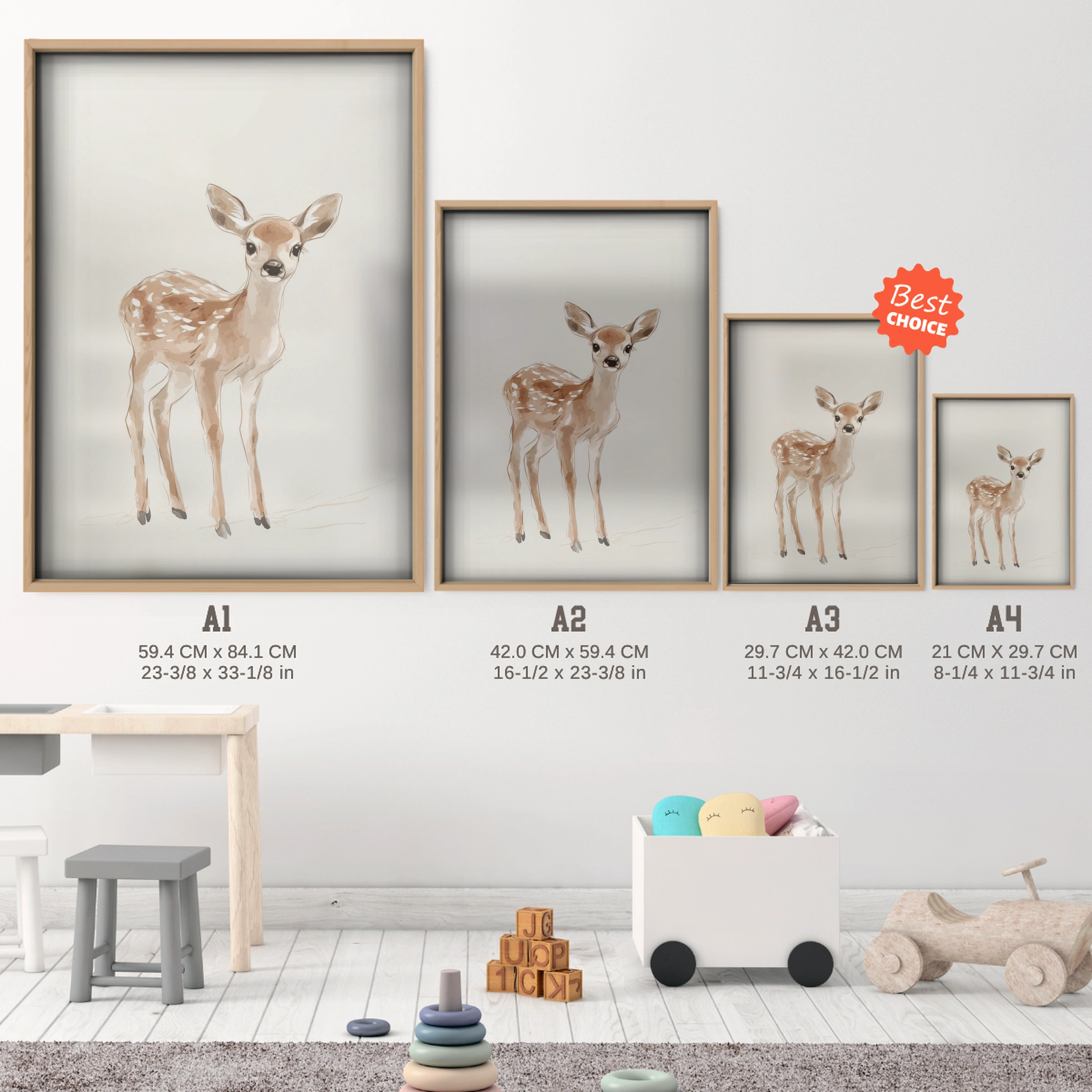 Little Fawn Christmas Print - size guide A4 A3 A2 A1 nursery print