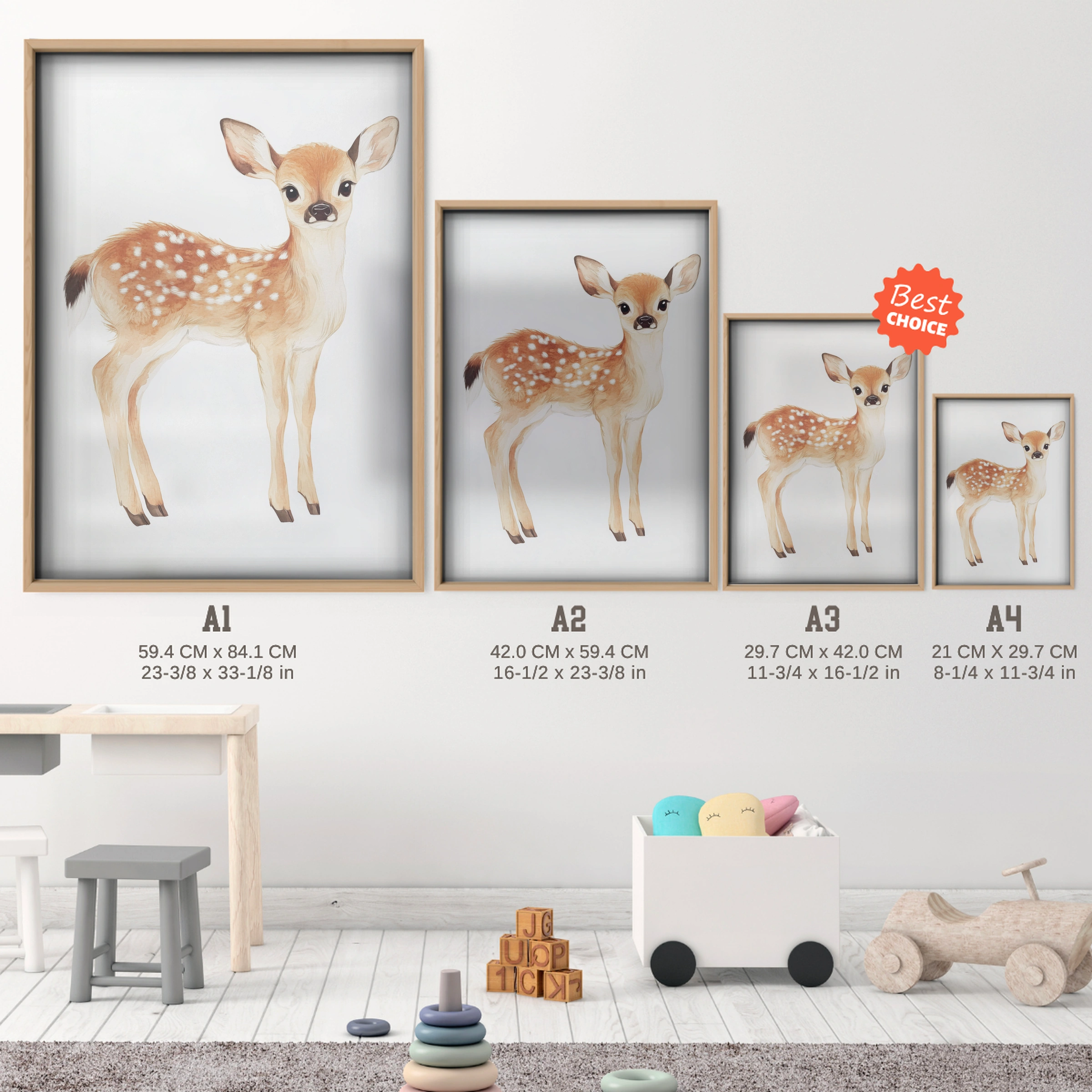 Little Fawn Nursery Print - size guide A4 A3 A2 A1 nursery print