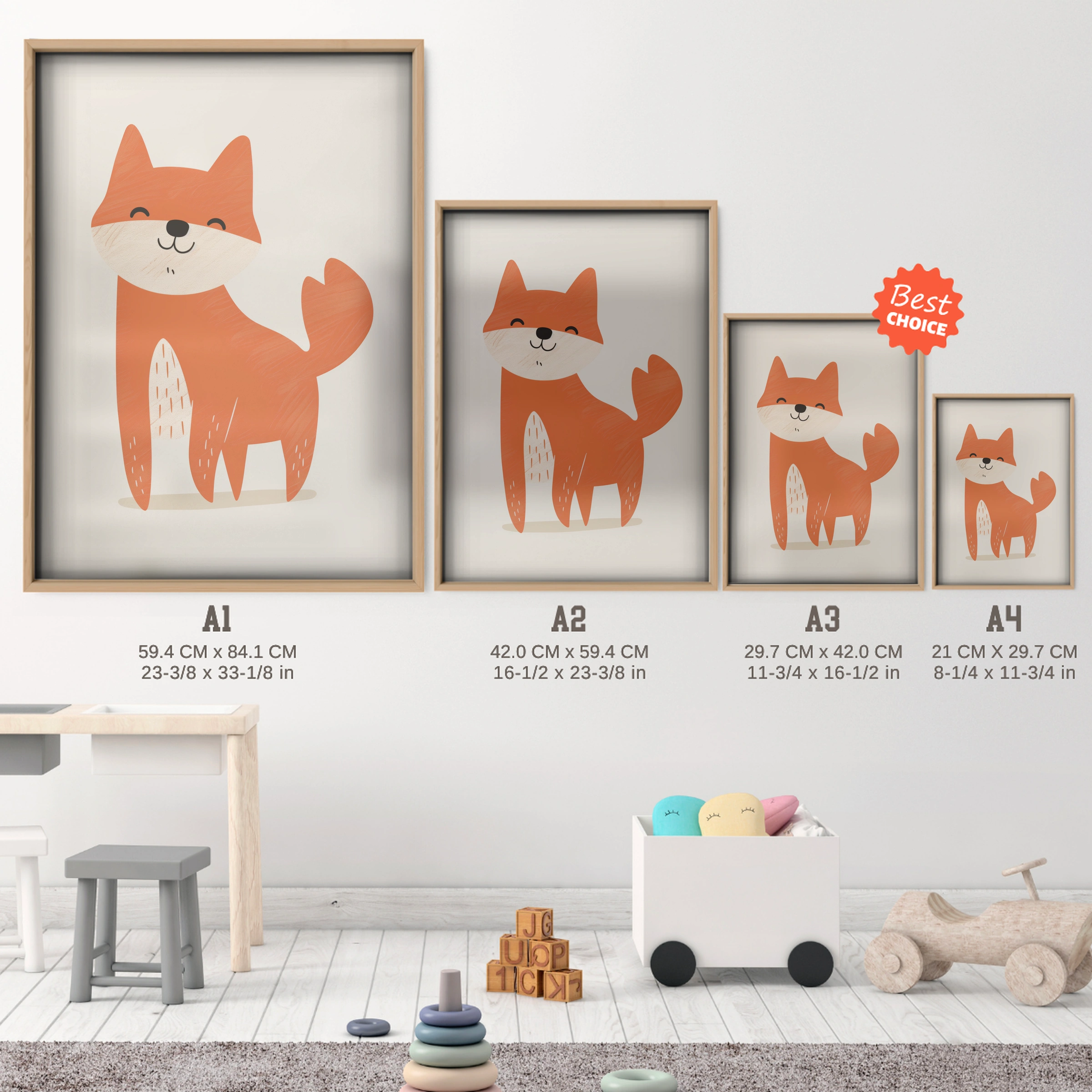 Little Fox Nursery Print - size guide A4 A3 A2 A1 nursery print