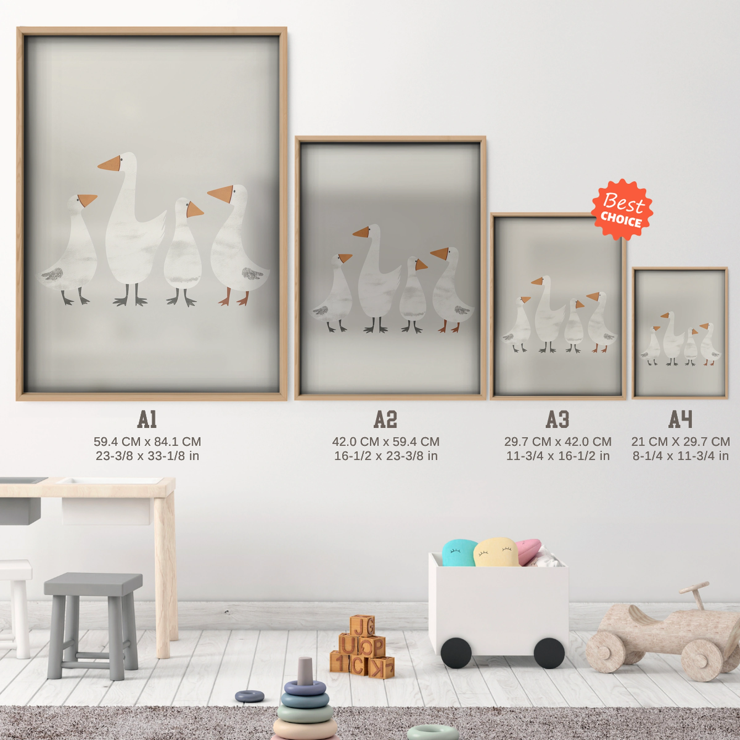 Little Geese Nursery Print - size guide A4 A3 A2 A1 nursery print