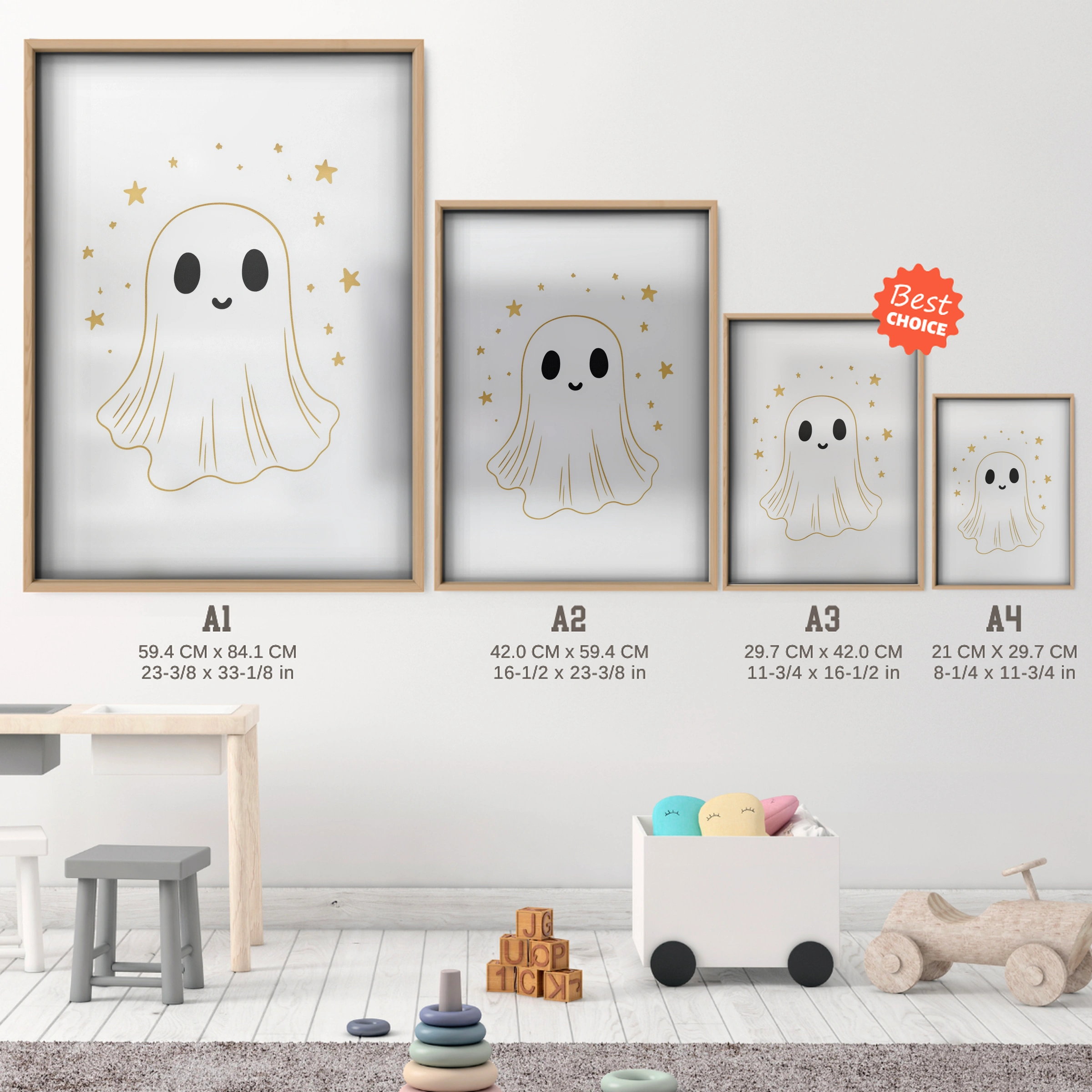 Little Ghost Nursery Print - size guide A4 A3 A2 A1 nursery print