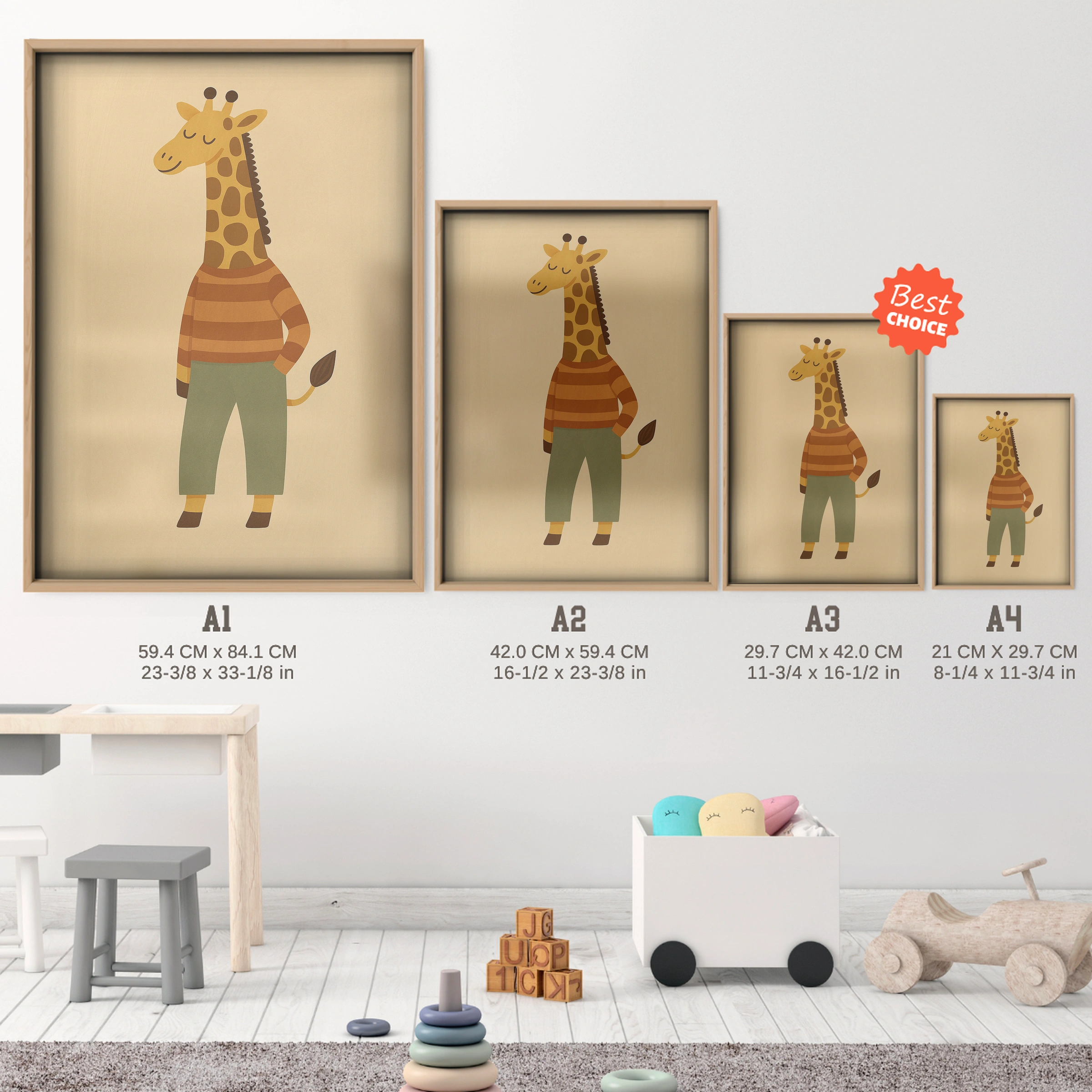 Little Giraffe Nursery Print - size guide A4 A3 A2 A1 nursery print