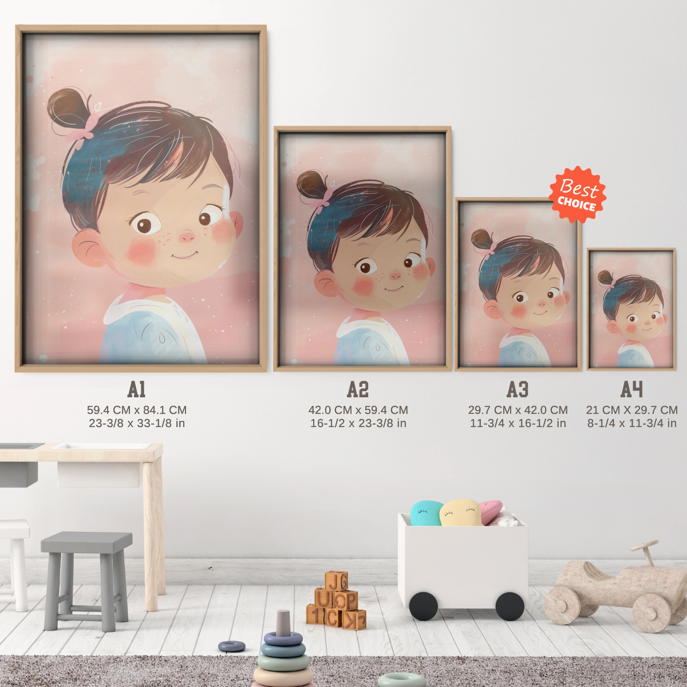 Little Girl Portrait Nursery Print - size guide A4 A3 A2 A1 nursery print