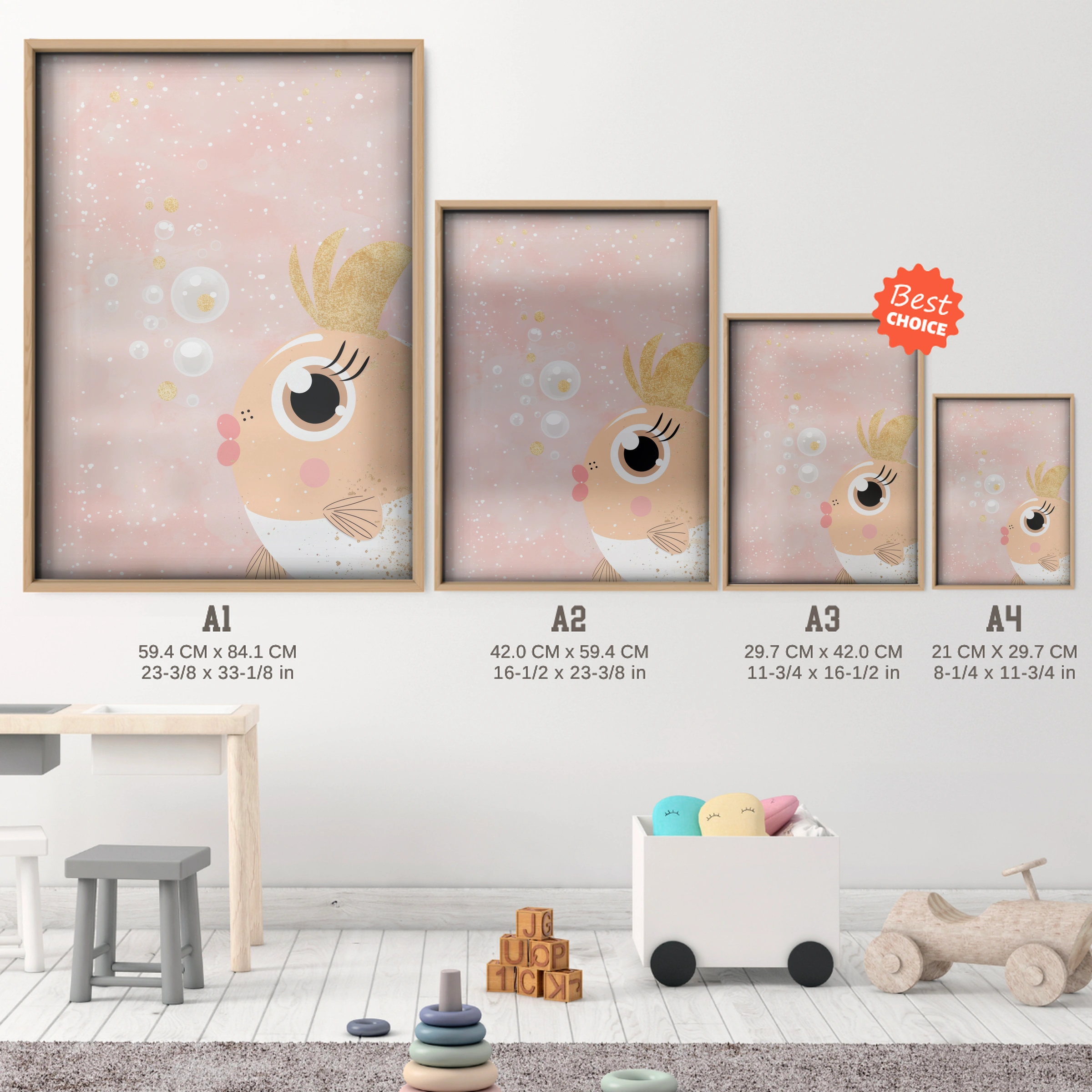 Little Goldfish Nursery Print - size guide A4 A3 A2 A1 nursery print