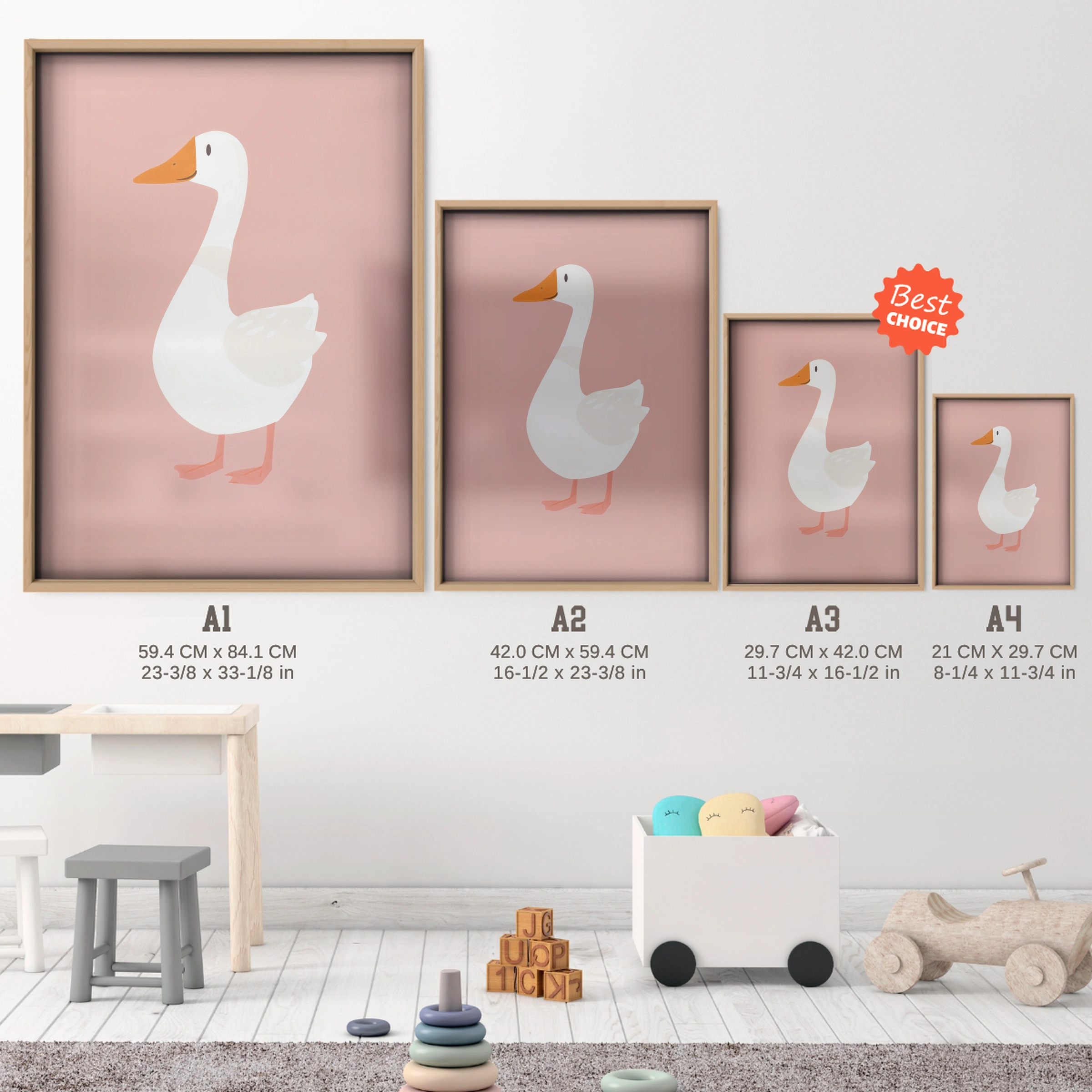 Little Goose Nursery Print - size guide A4 A3 A2 A1 nursery print