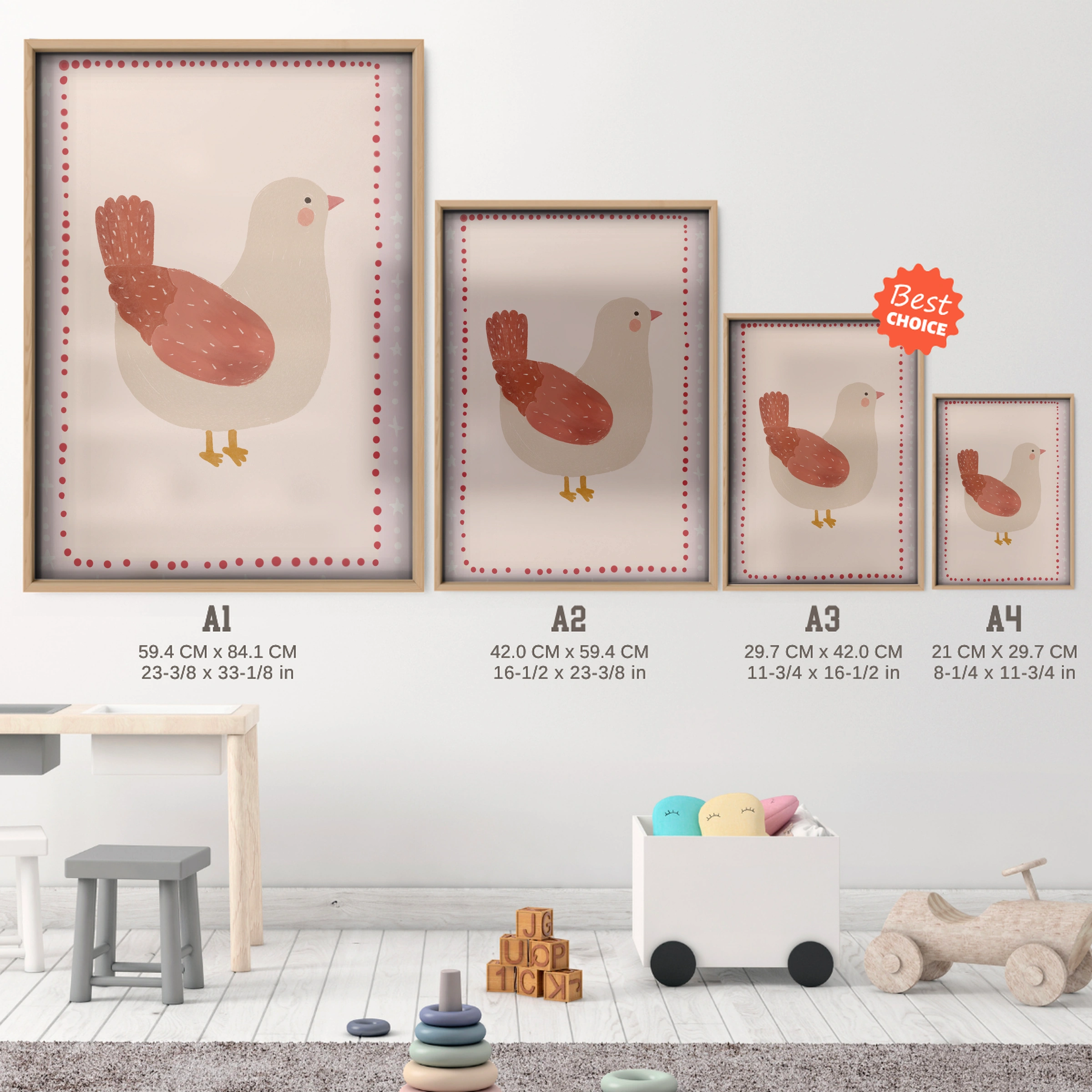 Little Hen Nursery Print - size guide A4 A3 A2 A1 nursery print
