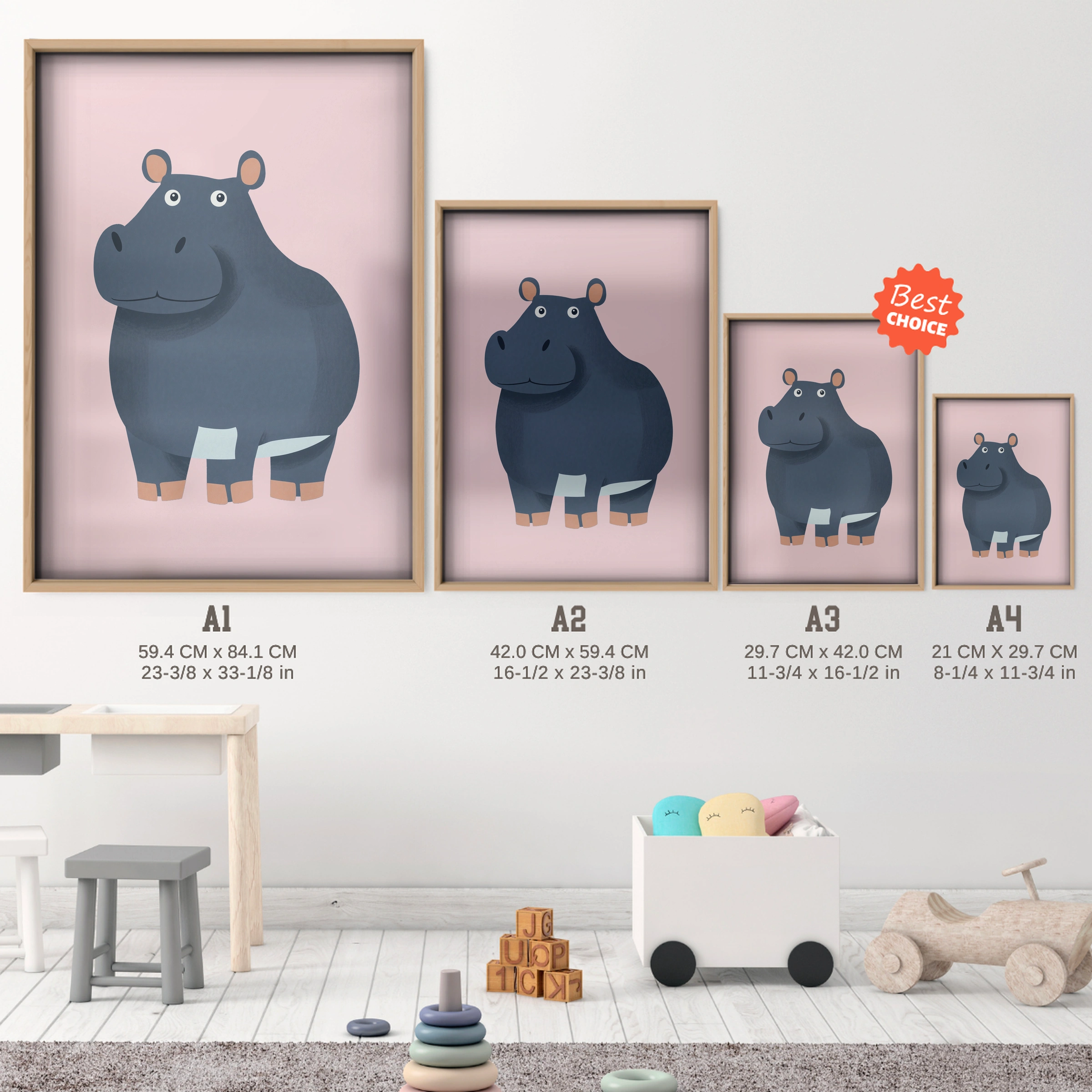 Little Hippo Nursery Print - size guide A4 A3 A2 A1 nursery print