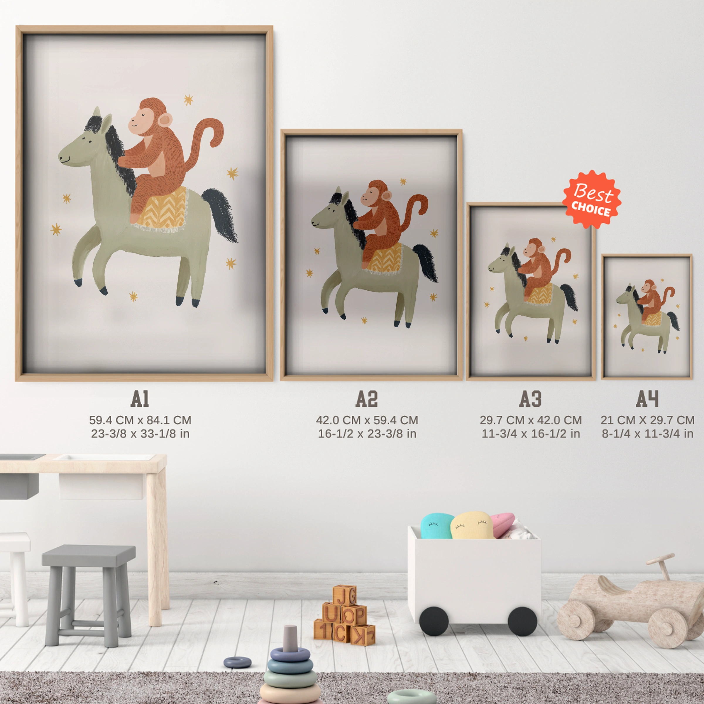 Little Horse Rider Nursery Print - size guide A4 A3 A2 A1 nursery print
