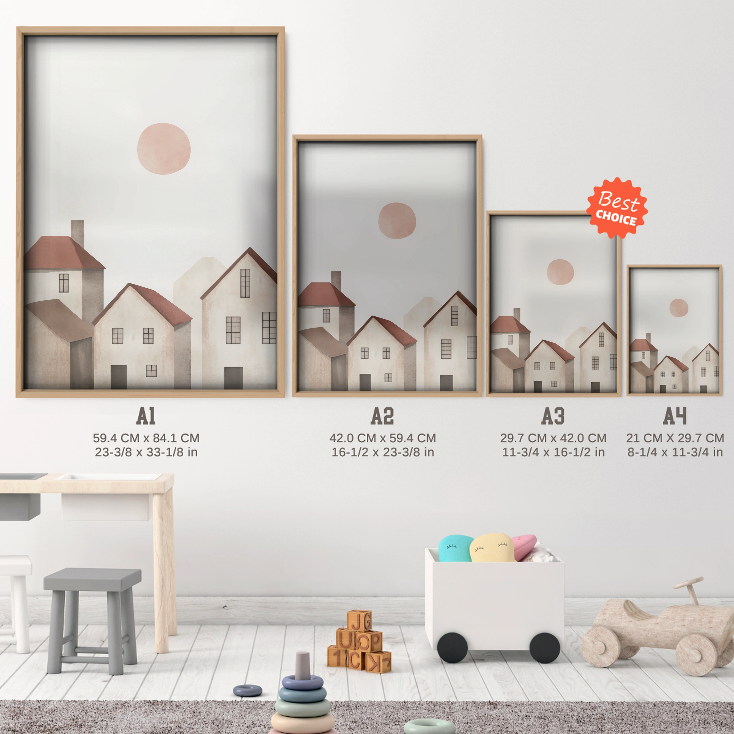 Little Houses Nursery Print - size guide A4 A3 A2 A1 nursery print