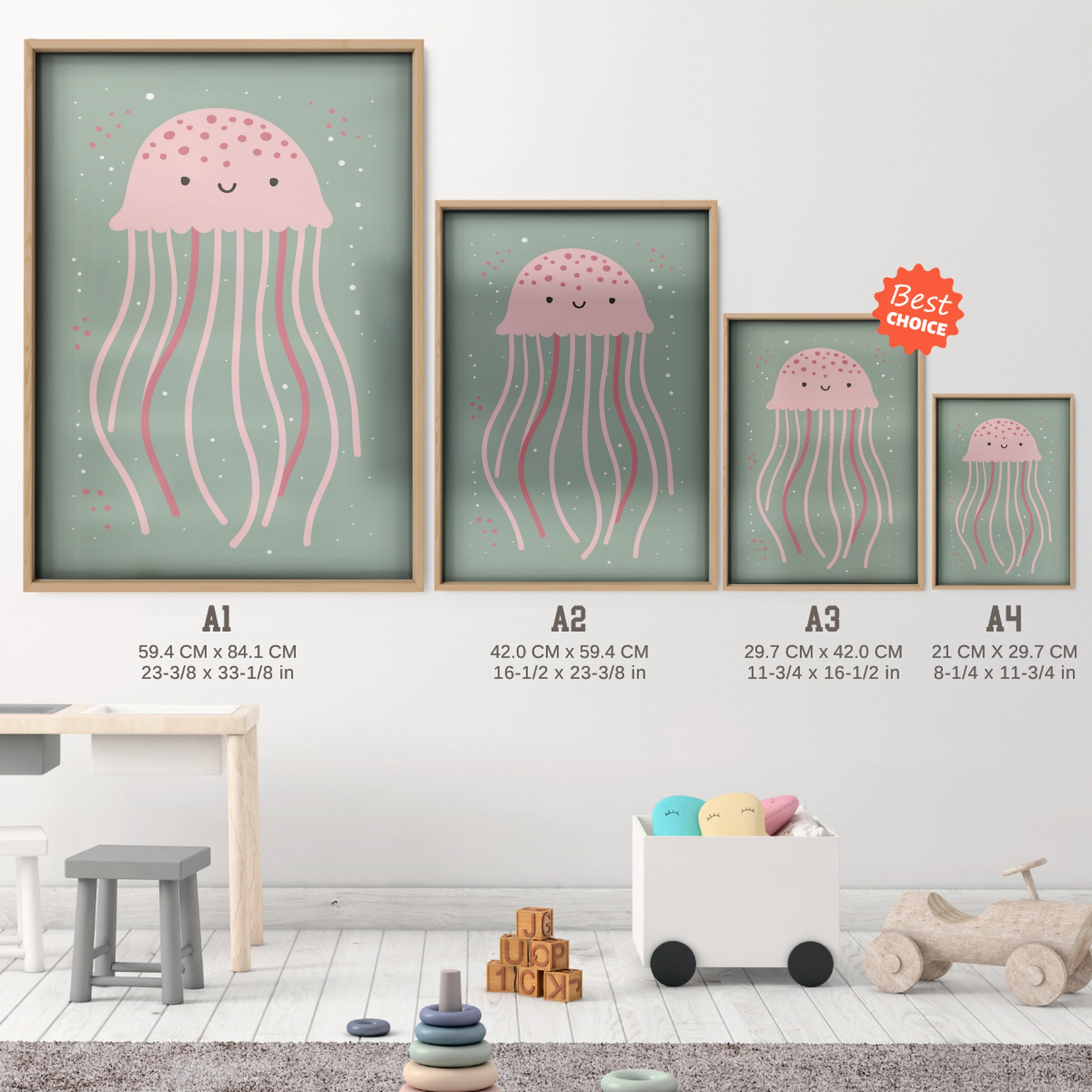 Little Jellyfish Nursery Print - size guide A4 A3 A2 A1 nursery print