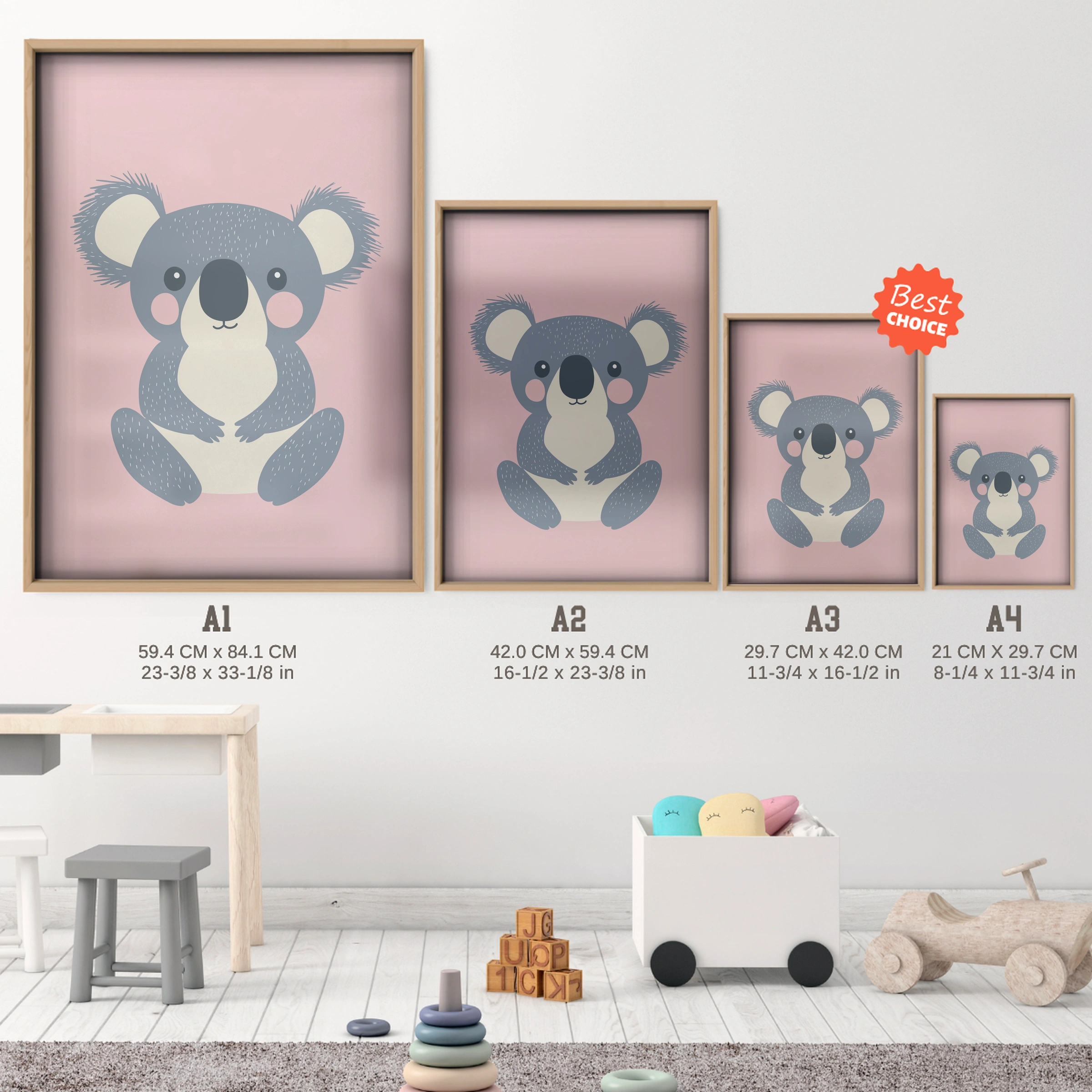 Little Koala Nursery Print - size guide A4 A3 A2 A1 nursery print
