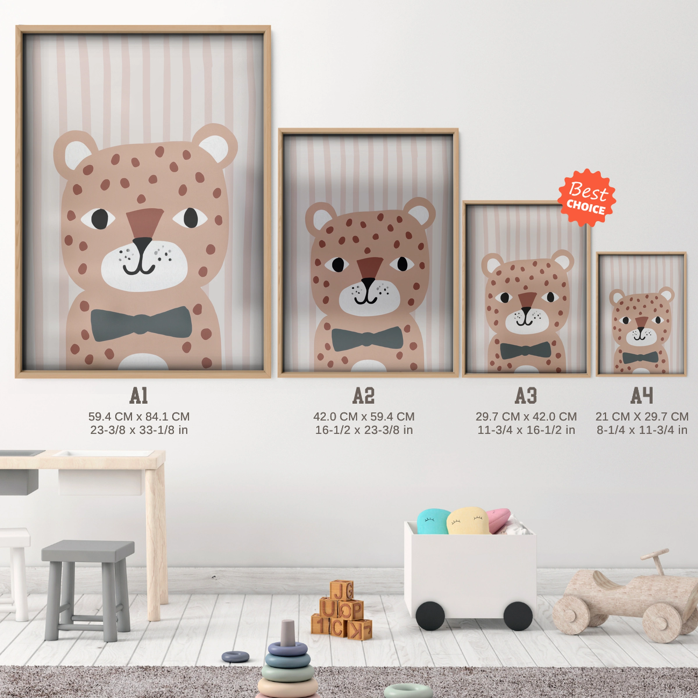 Little Leopard Nursery Print - size guide A4 A3 A2 A1 nursery print