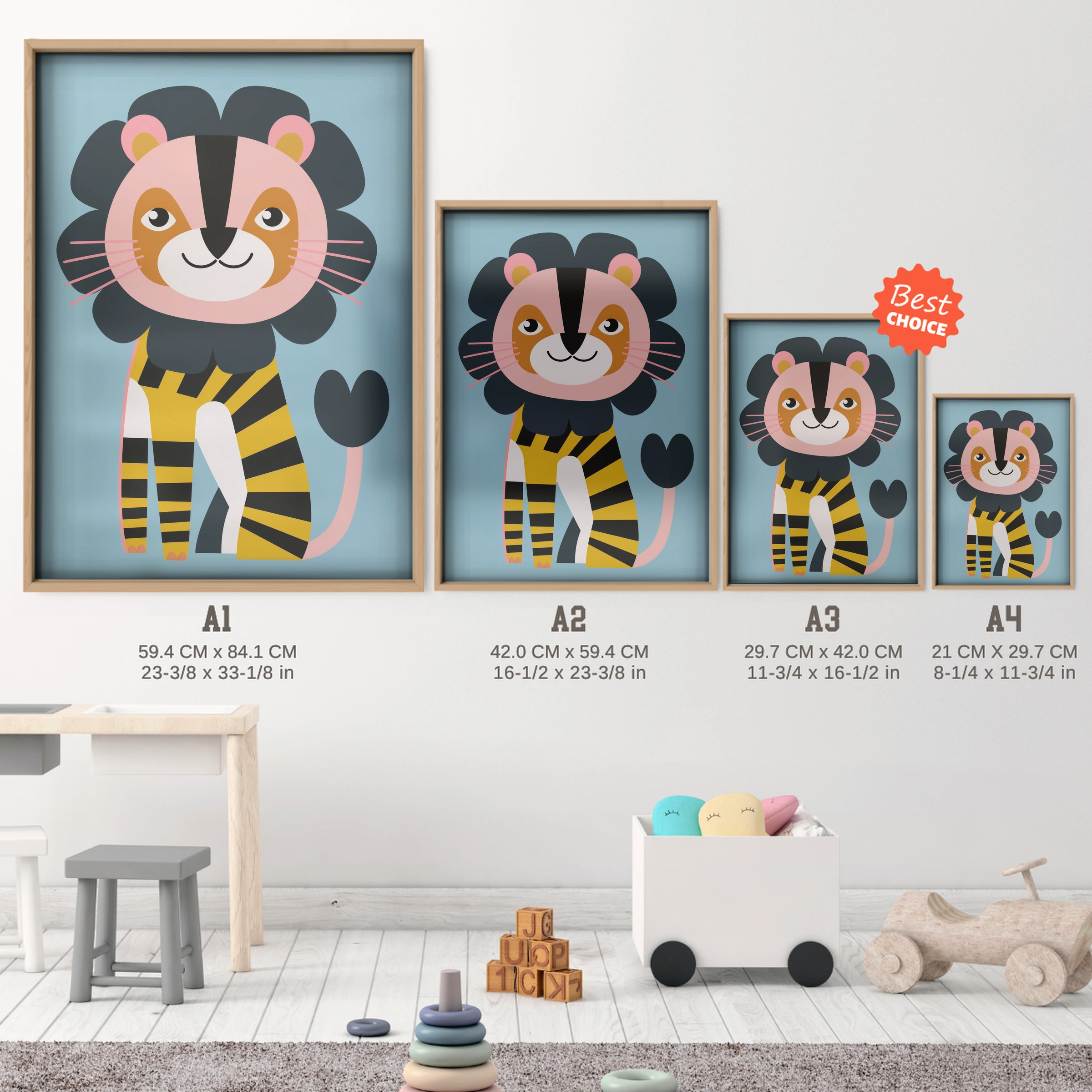 Little Lion Nursery Print - size guide A4 A3 A2 A1 nursery print