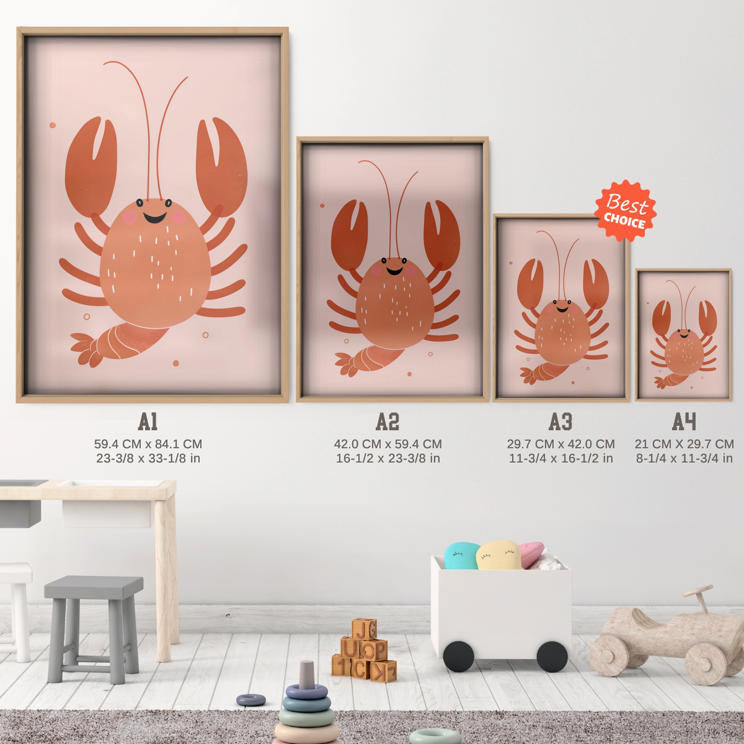 Little Lobster Nursery Print - size guide A4 A3 A2 A1 nursery print