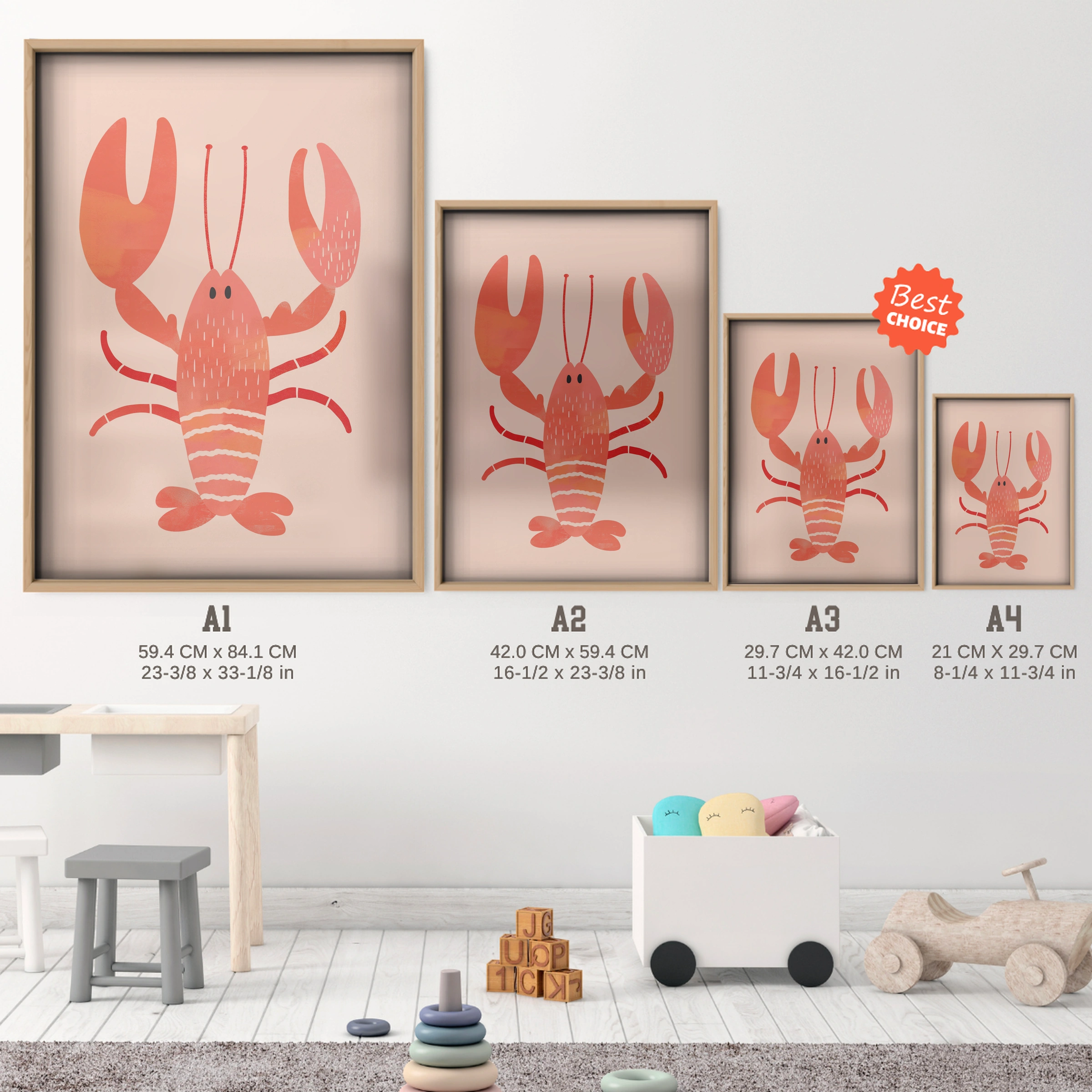 Little Lobster Two Nursery Print - size guide A4 A3 A2 A1 nursery print