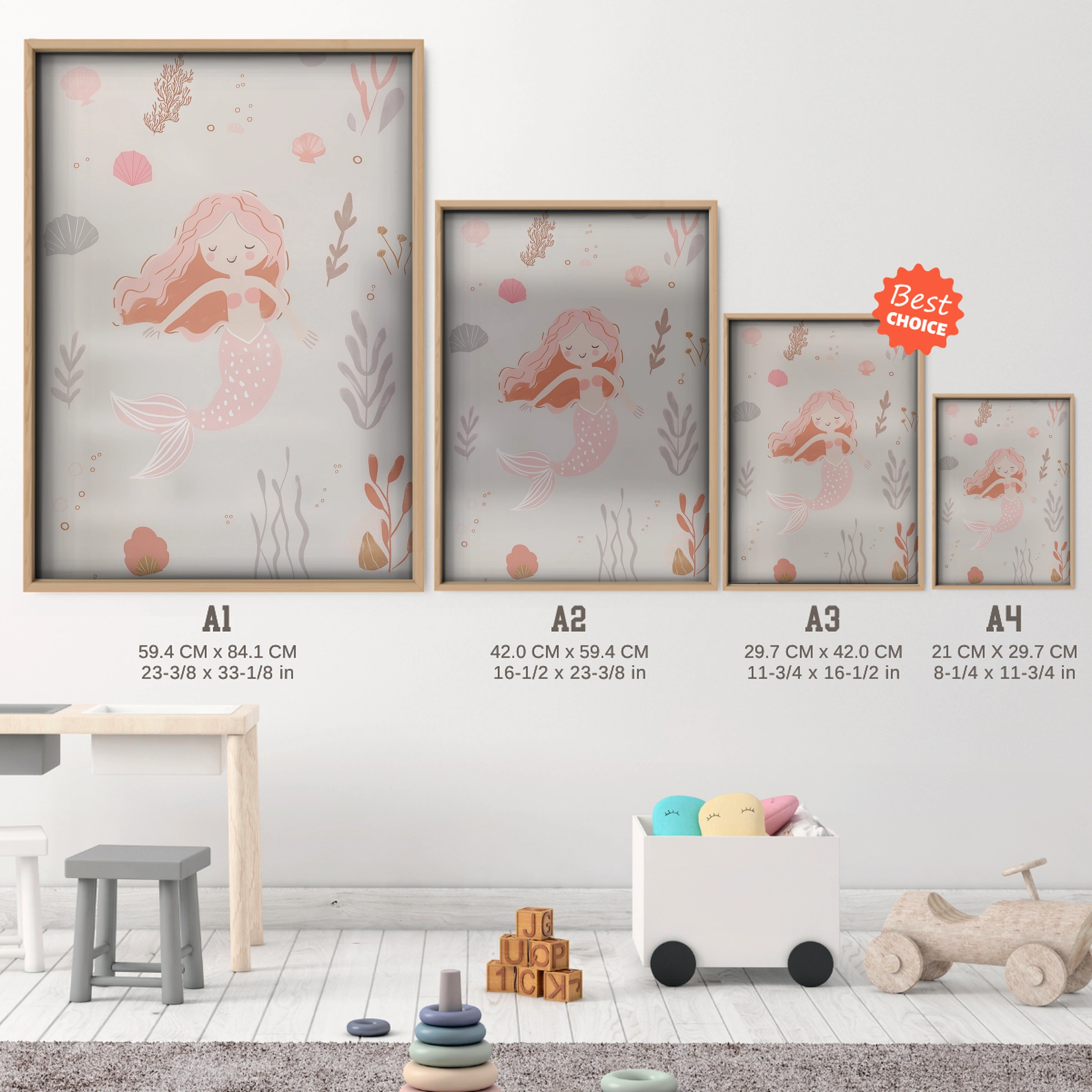 Little Mermaid Nursery Print - size guide A4 A3 A2 A1 nursery print