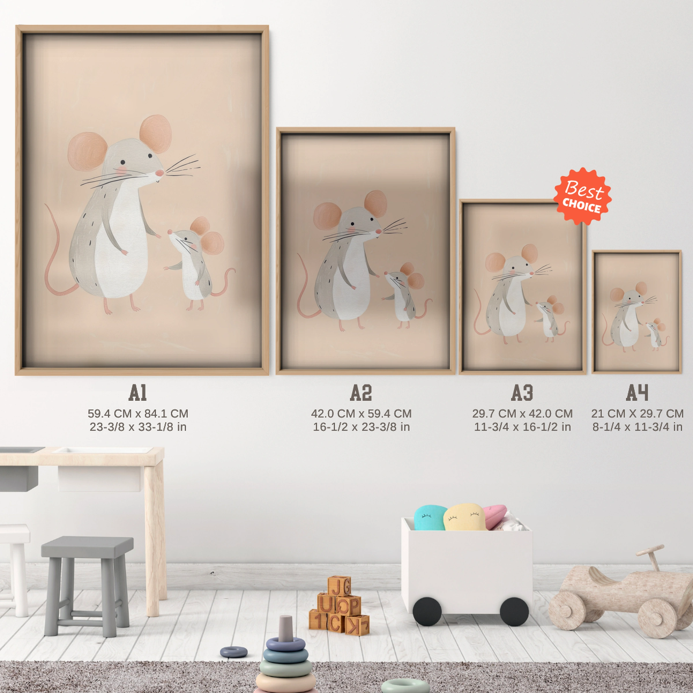 Little Mice Nursery Print - size guide A4 A3 A2 A1 nursery print