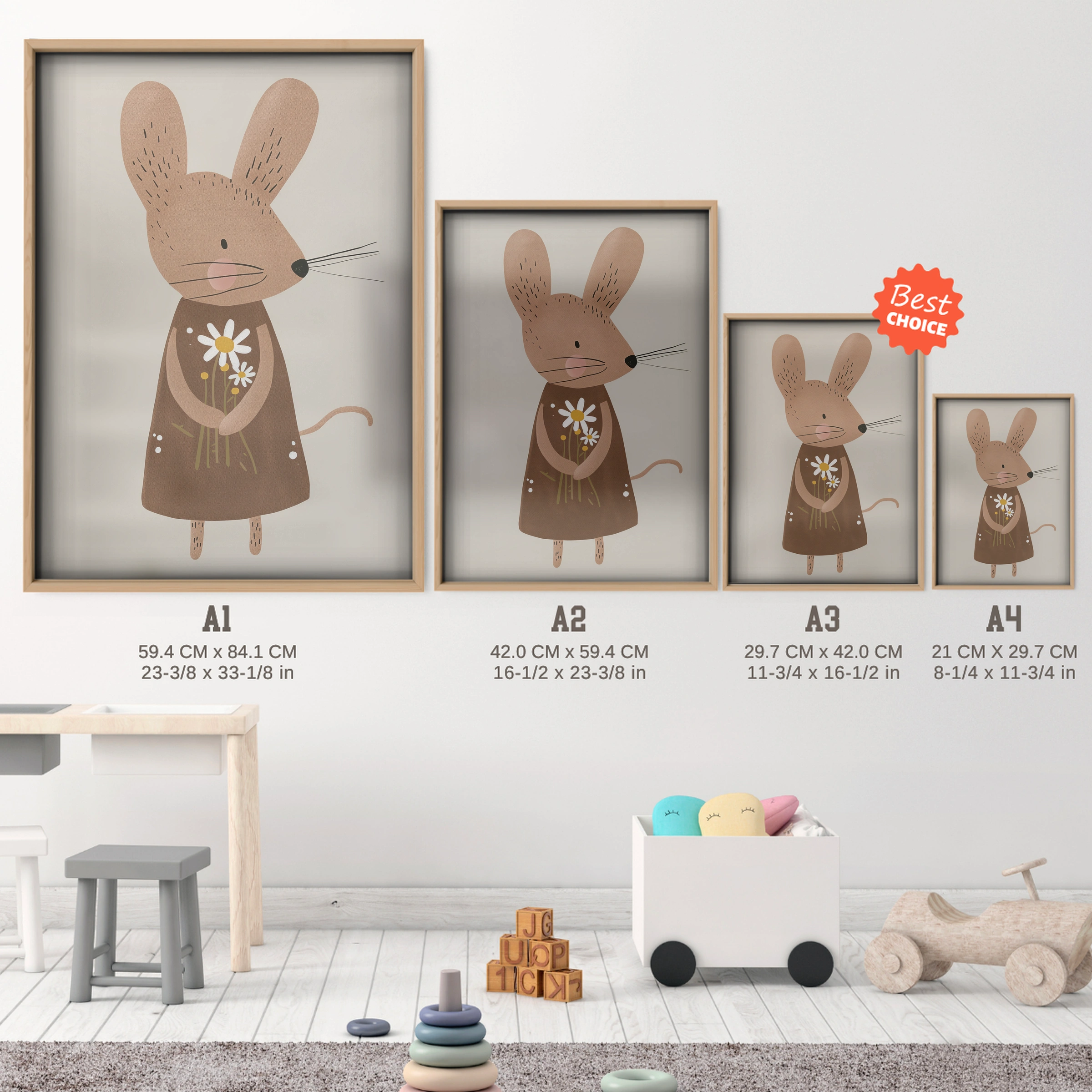 Little Mouse Nursery Print - size guide A4 A3 A2 A1 nursery print
