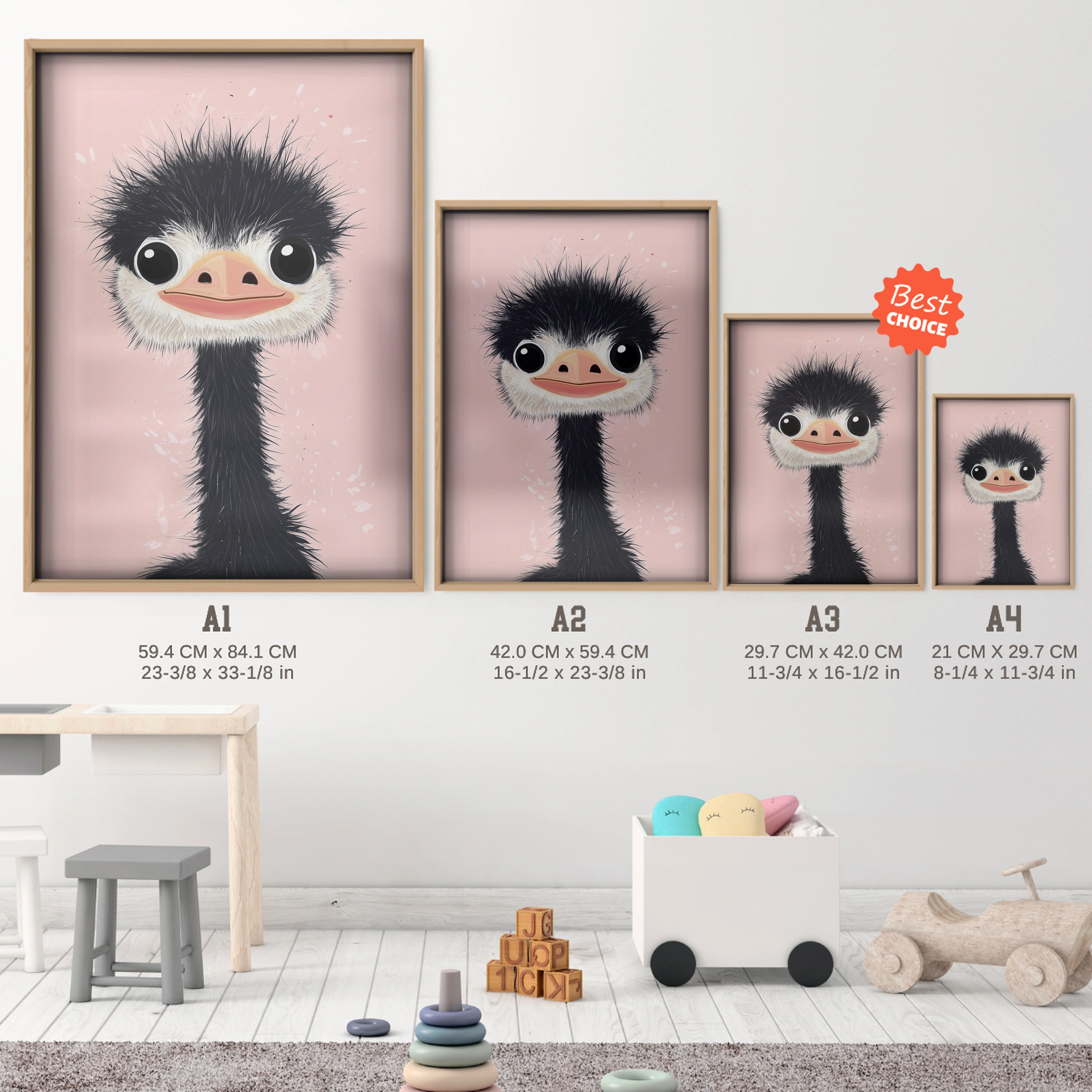 Little Ostrich Nursery Print - size guide A4 A3 A2 A1 nursery print
