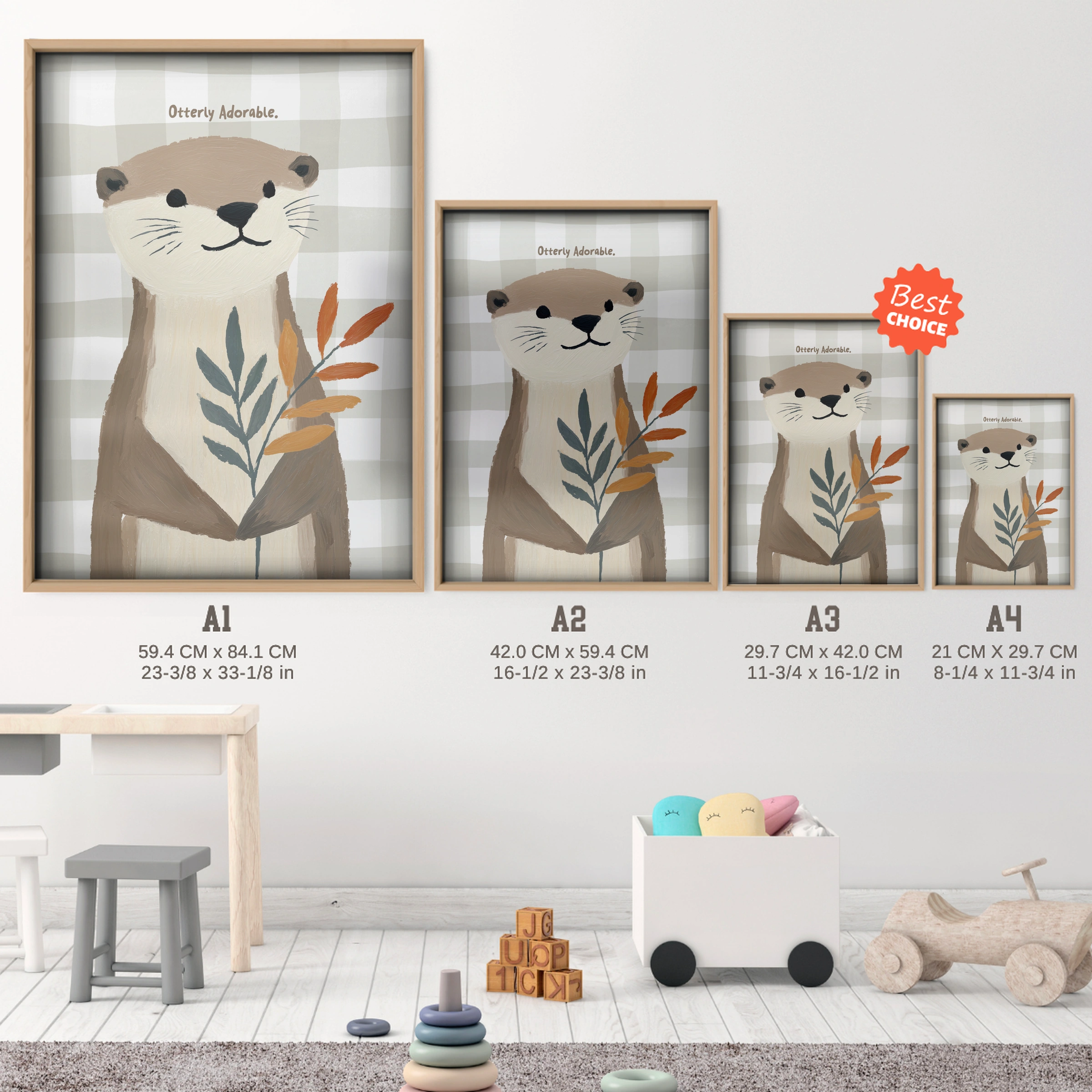 Little Otter Nursery Print - size guide A4 A3 A2 A1 nursery print