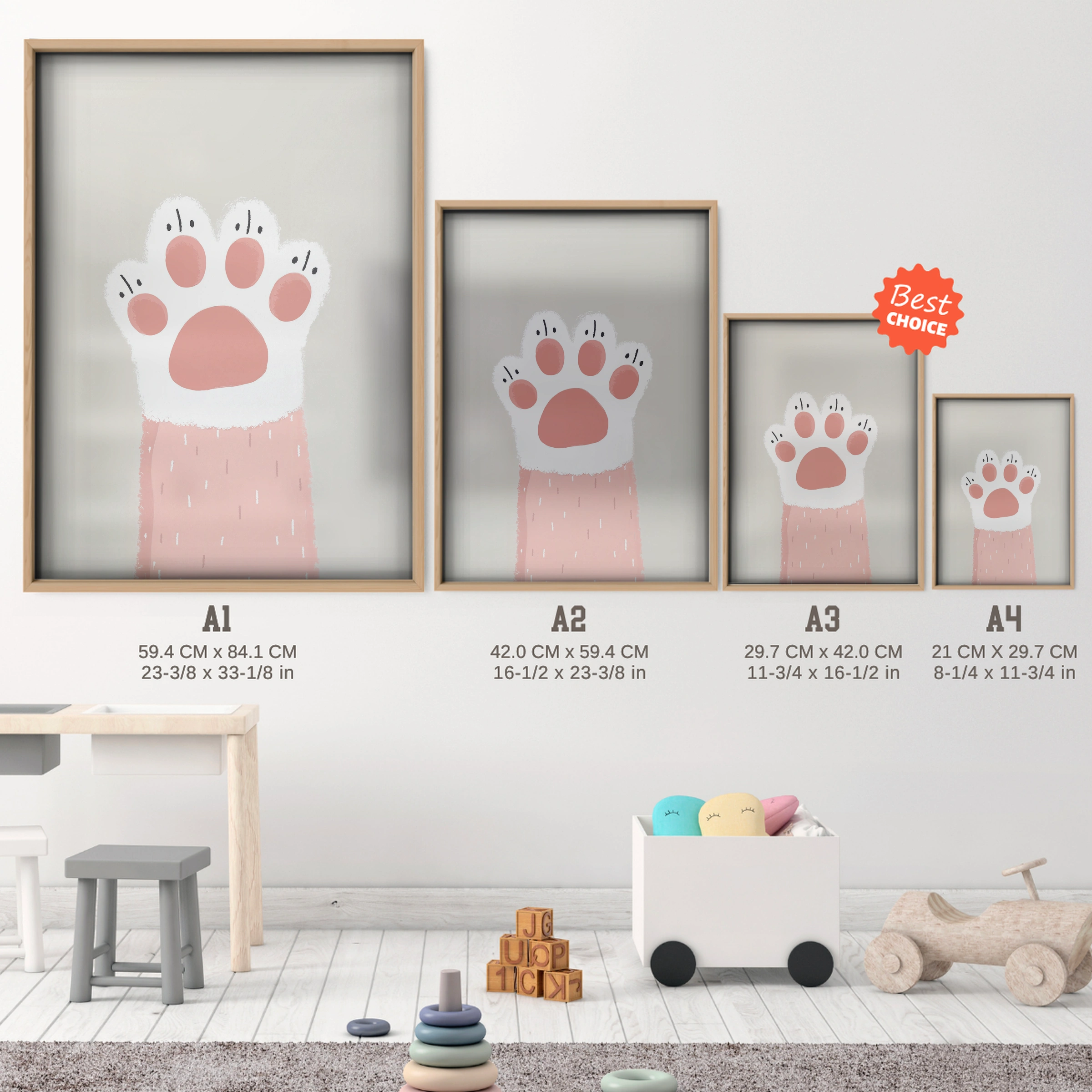 Little Paw Print Nursery Print - size guide A4 A3 A2 A1 nursery print