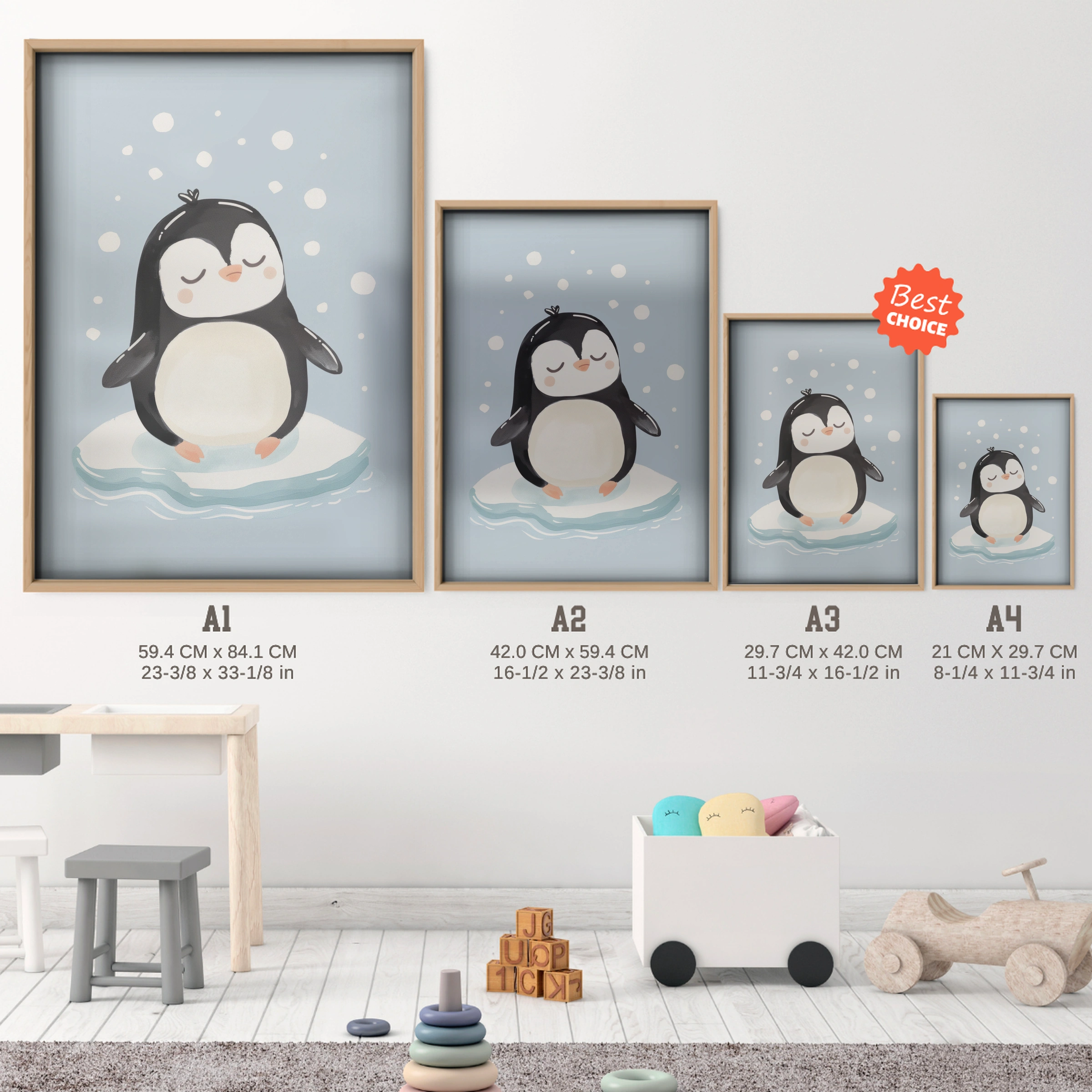 Little Penguin Nursery Print - size guide A4 A3 A2 A1 nursery print