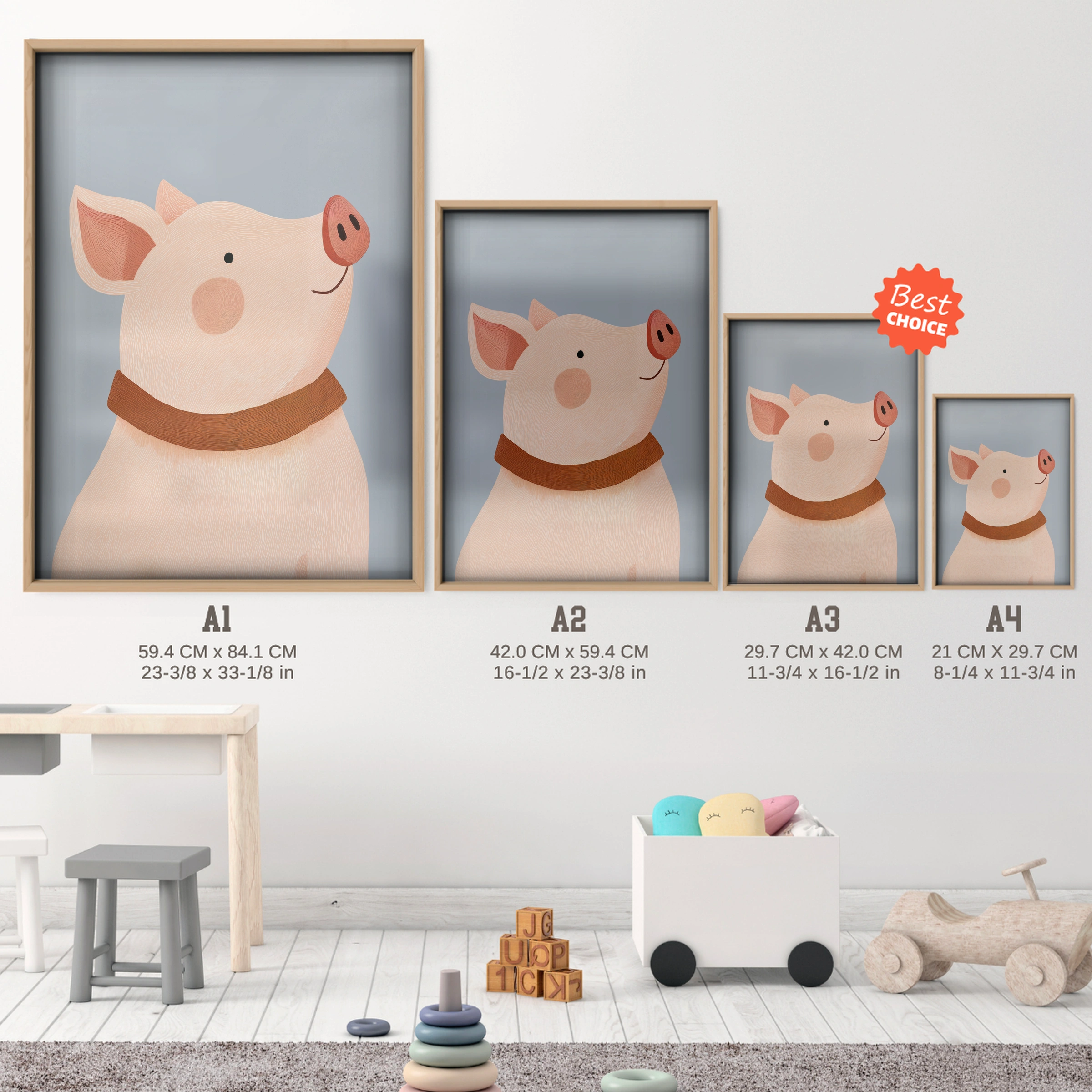 Little Pig Nursery Print - size guide A4 A3 A2 A1 nursery print
