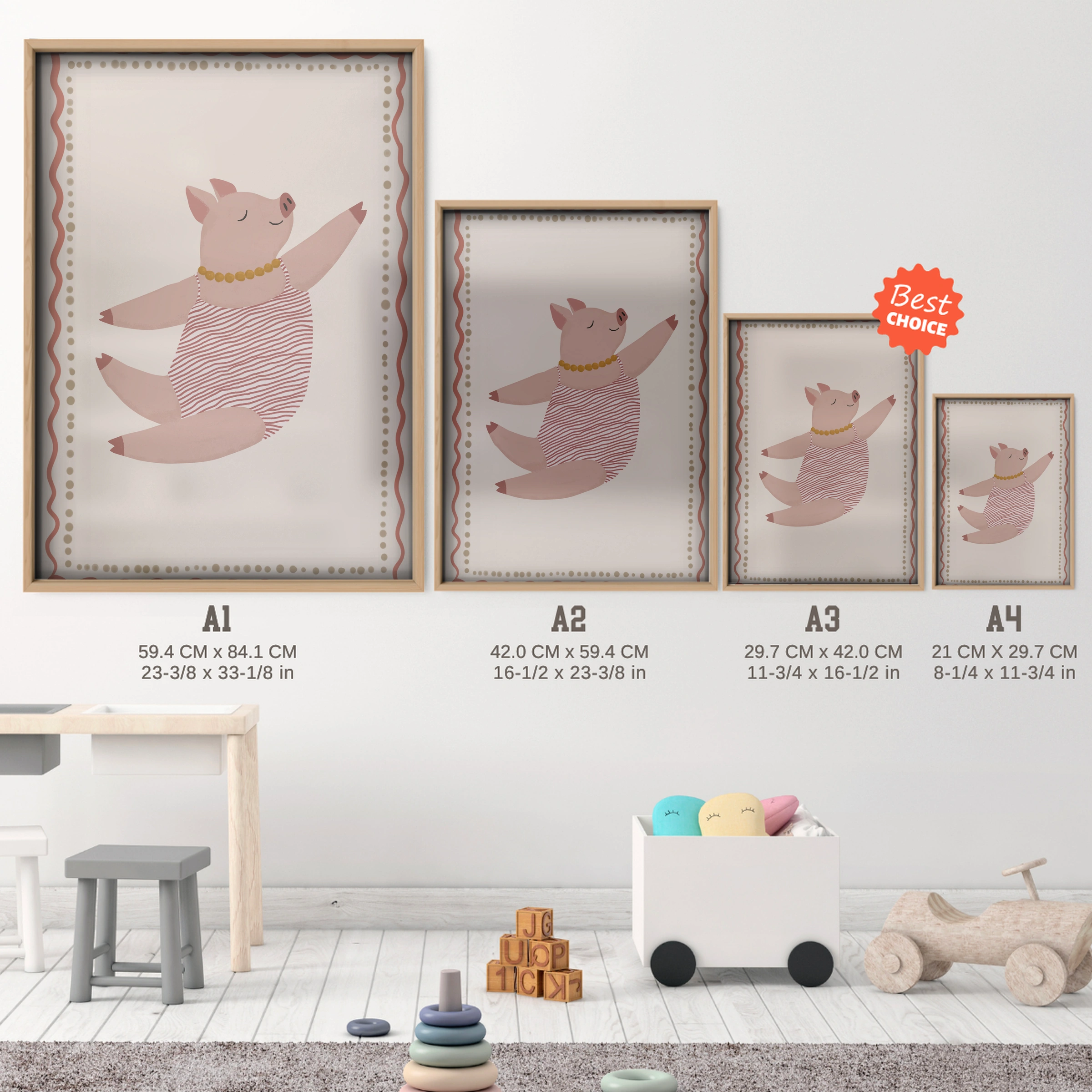 Little Pig Portrait Nursery Print - size guide A4 A3 A2 A1 nursery print