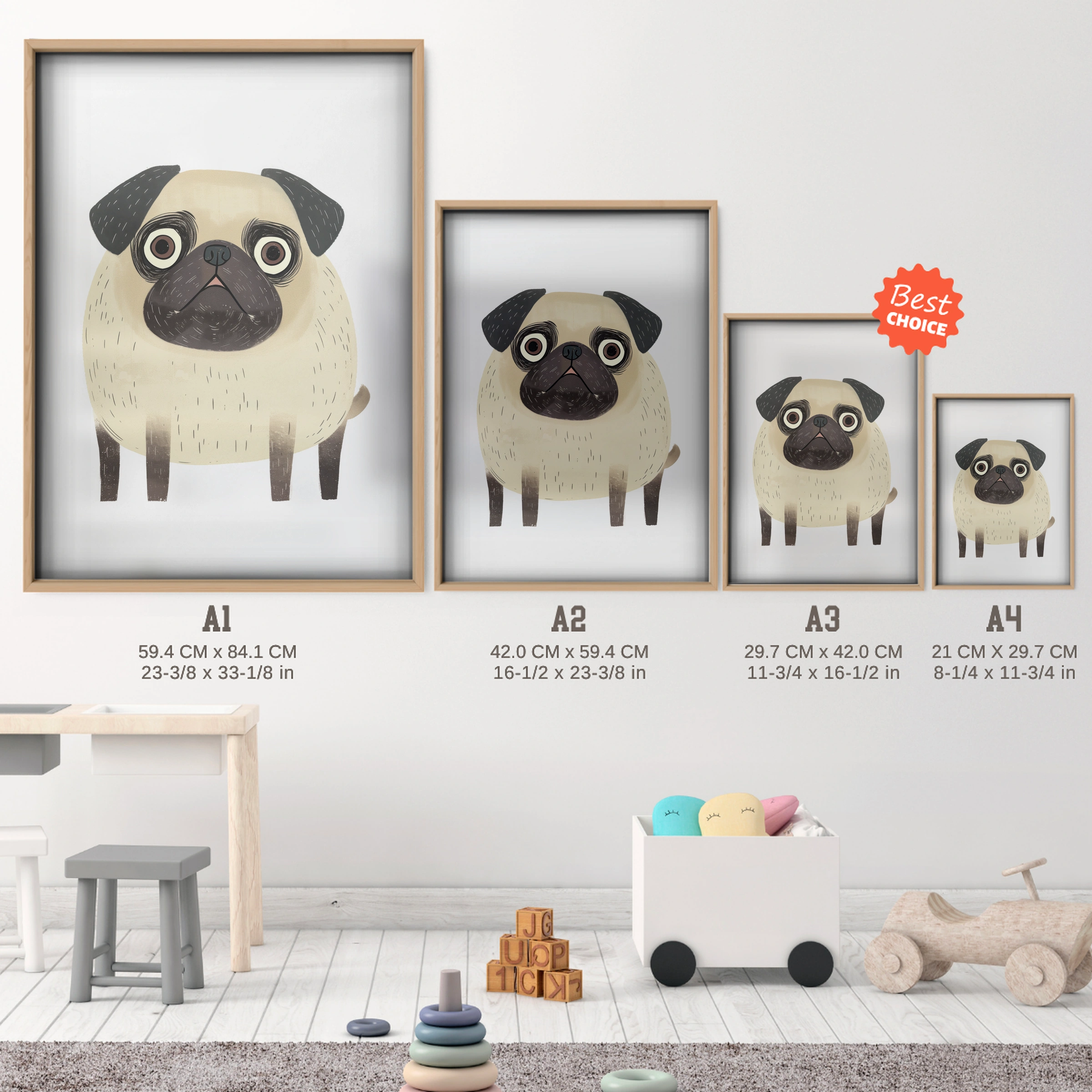 Little Pug Nursery Print - size guide A4 A3 A2 A1 nursery print