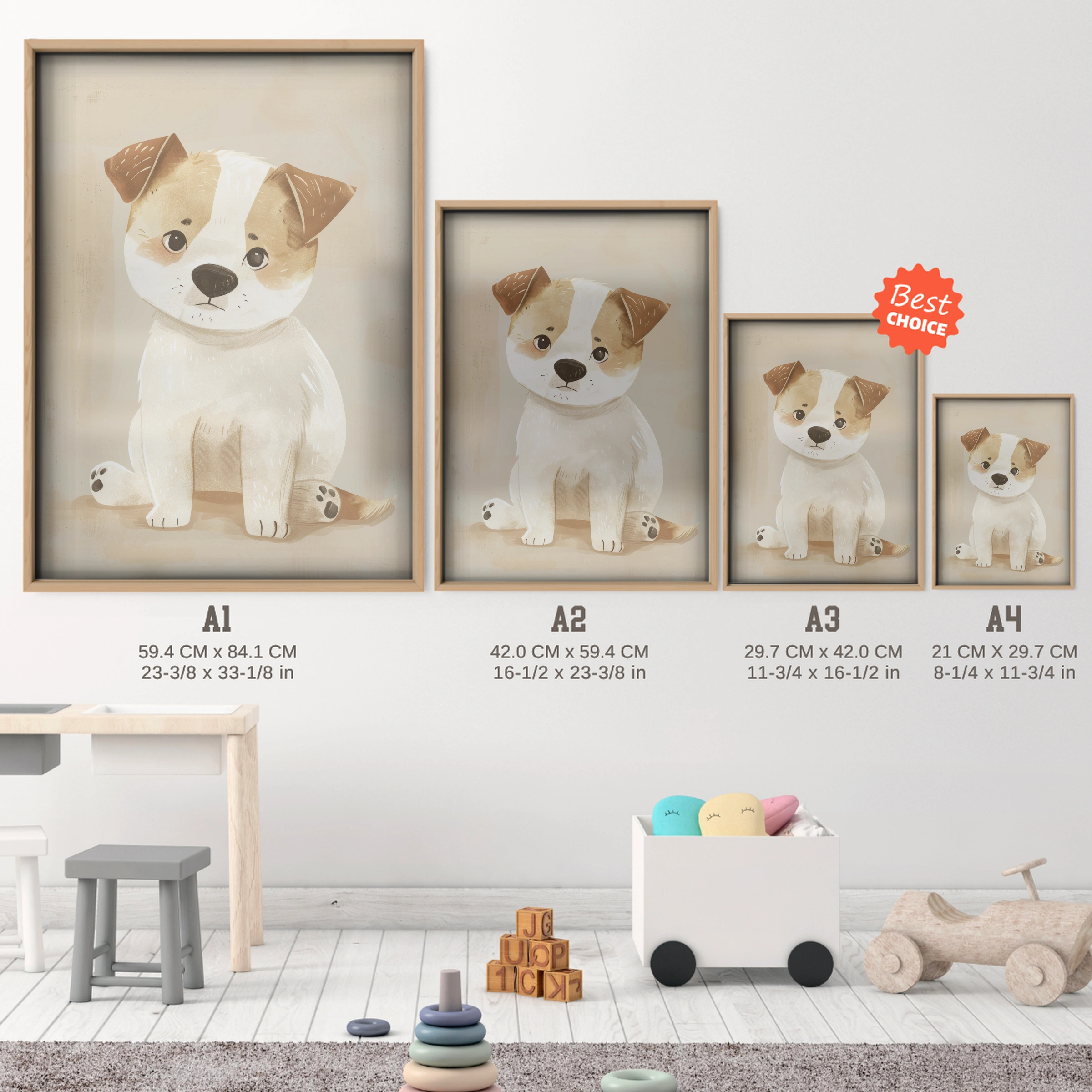 Little Puppy Nursery Print - size guide A4 A3 A2 A1 nursery print