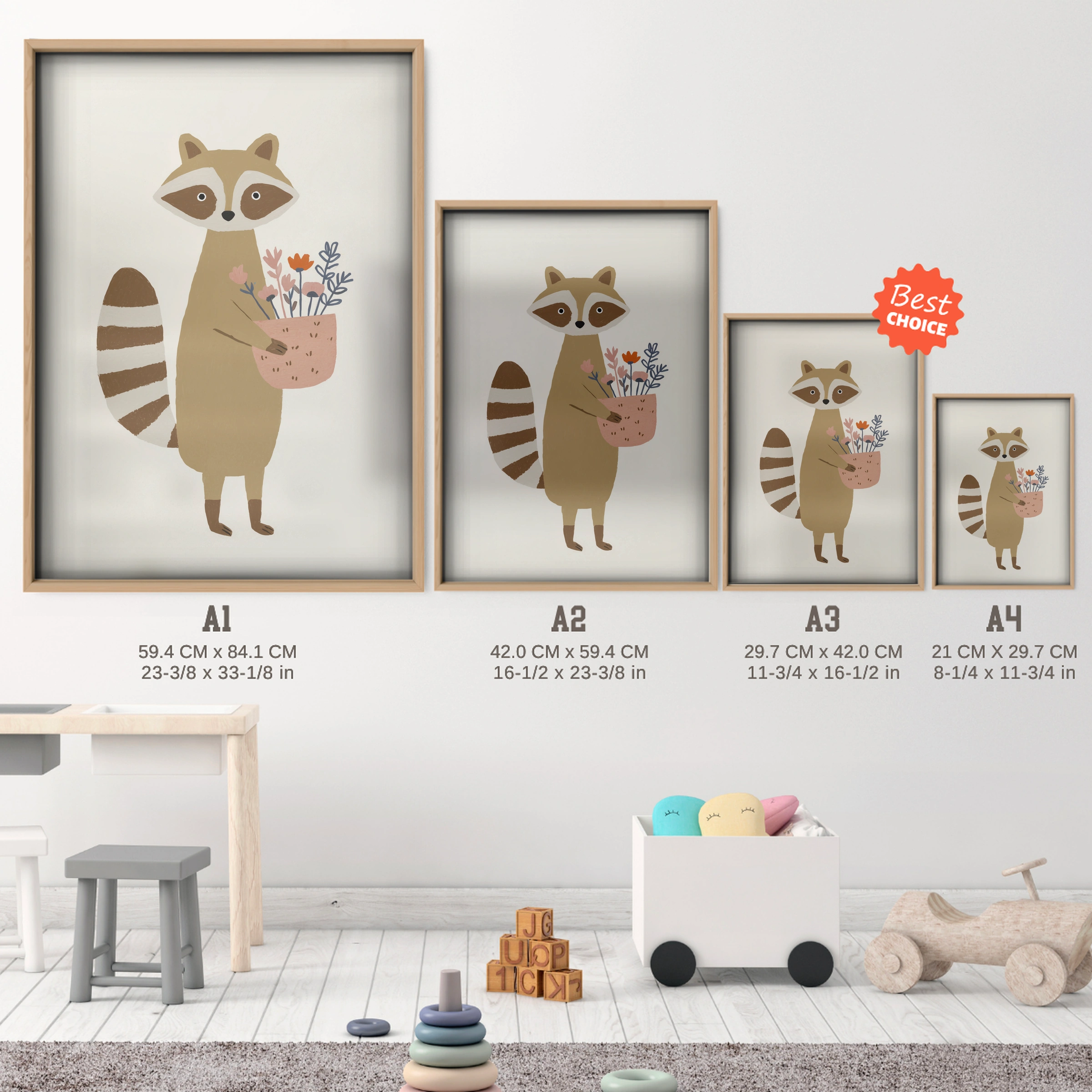 Little Raccoon Nursery Print - size guide A4 A3 A2 A1 nursery print