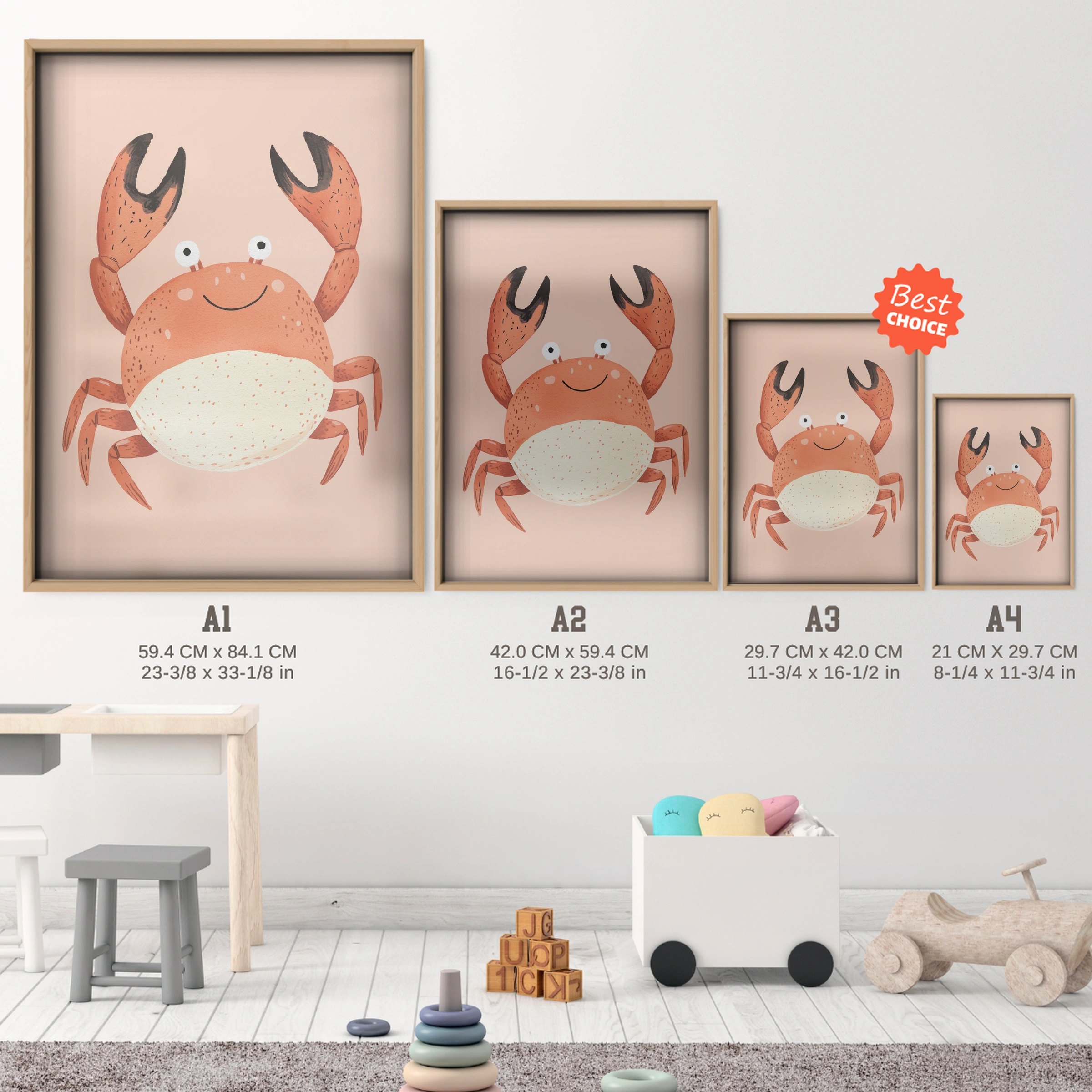 Little Red Crab Nursery Print - size guide A4 A3 A2 A1 nursery print