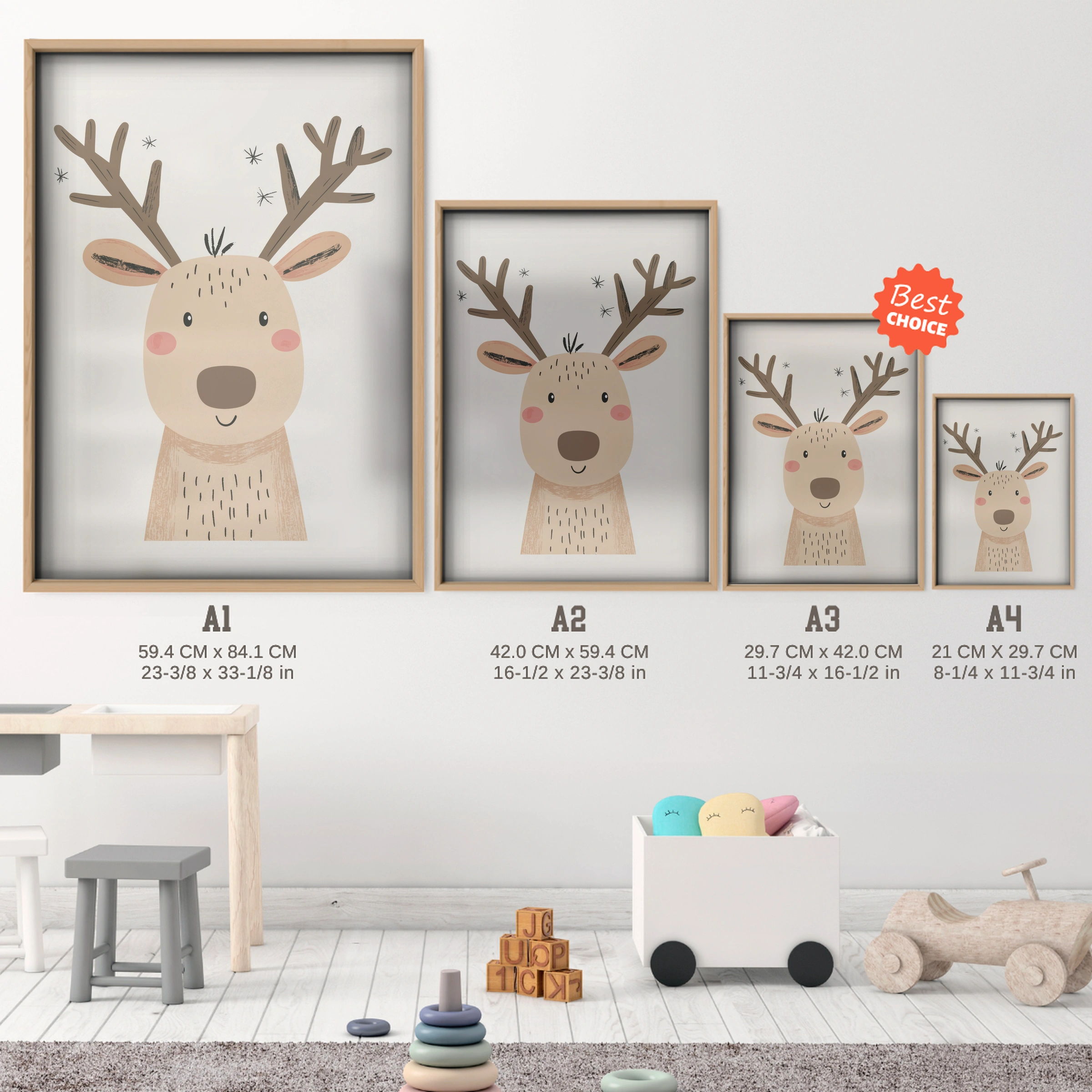 Little Reindeer Christmas Print - size guide A4 A3 A2 A1 nursery print