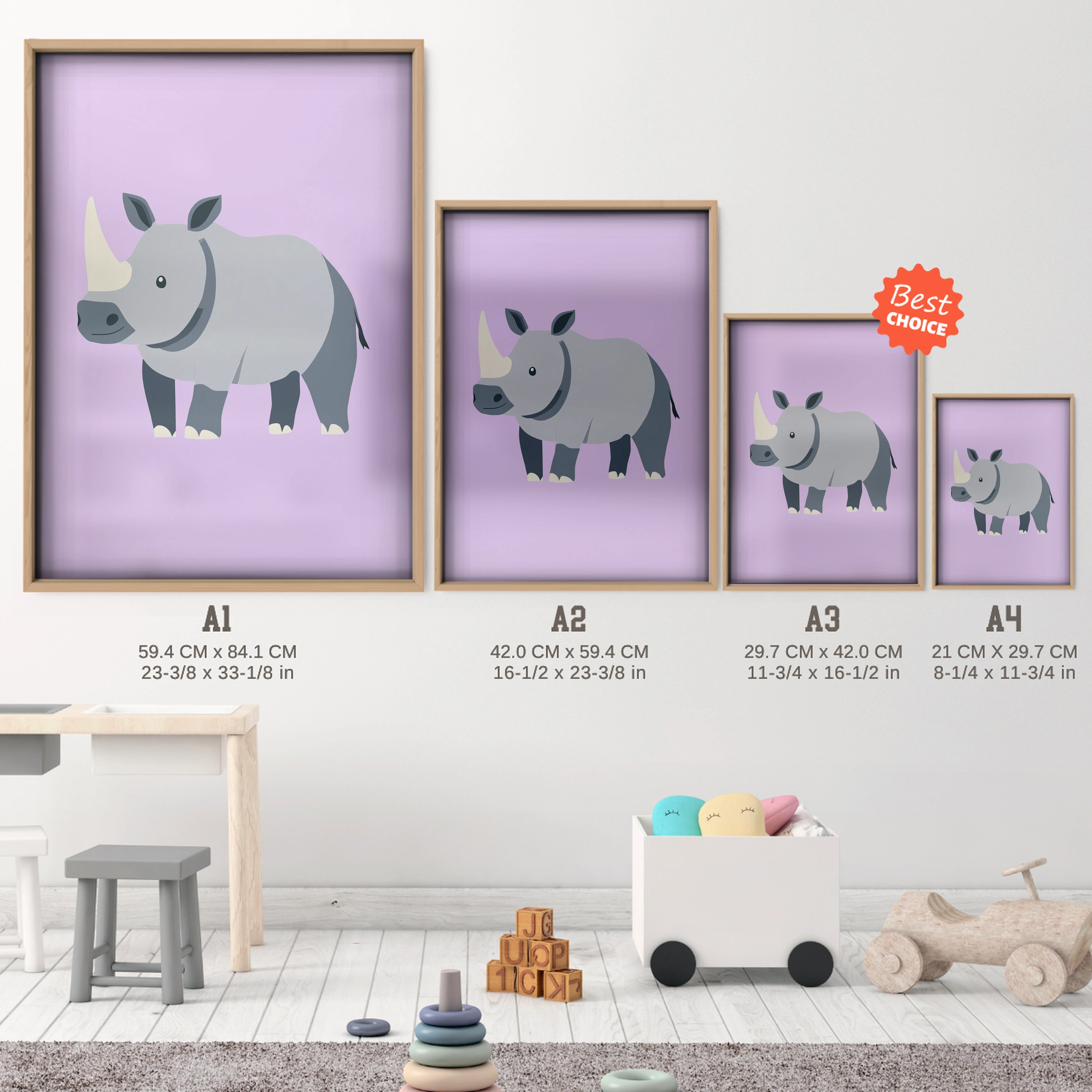 Little Rhino Nursery Print - size guide A4 A3 A2 A1 nursery print