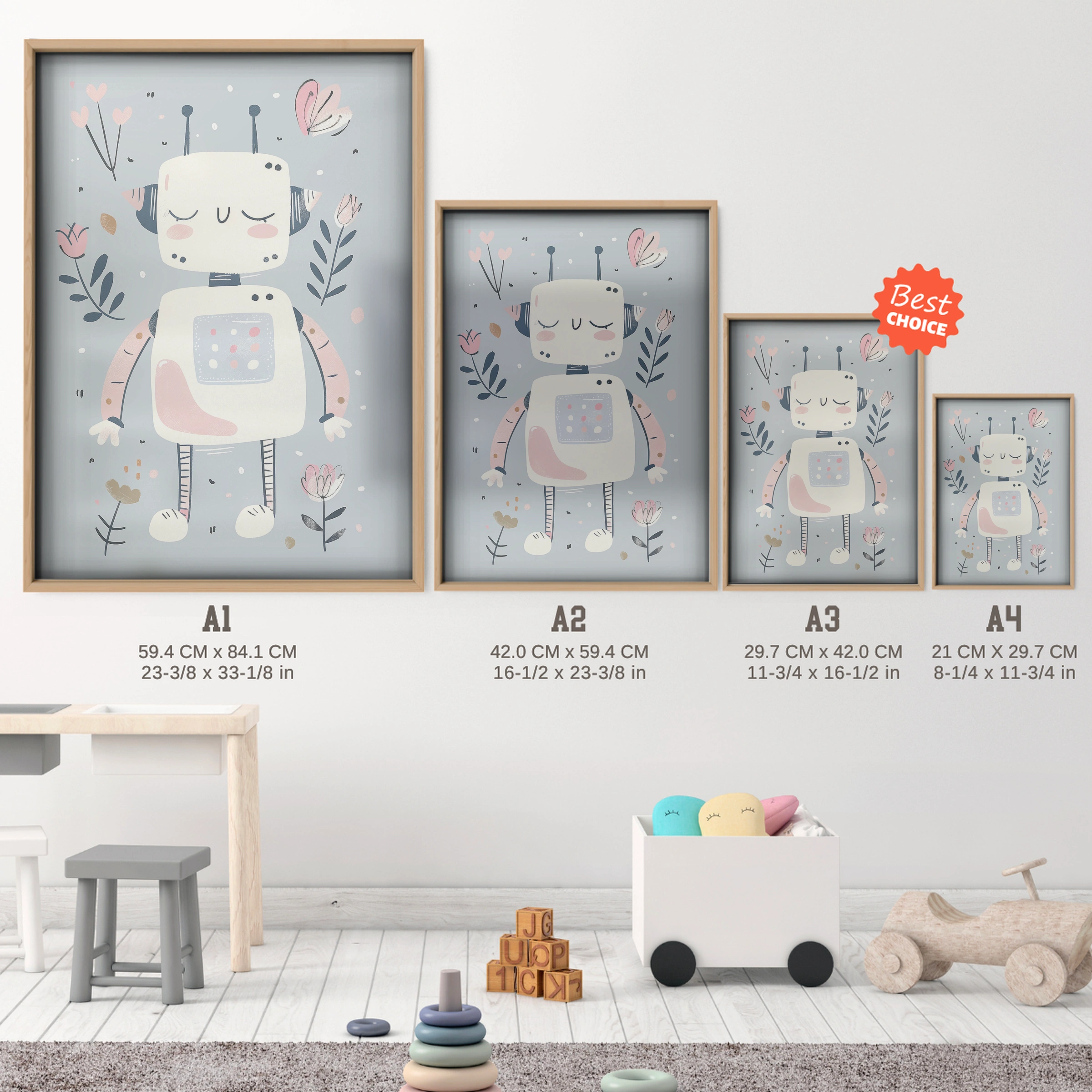 Little Robot Nursery Print - size guide A4 A3 A2 A1 nursery print