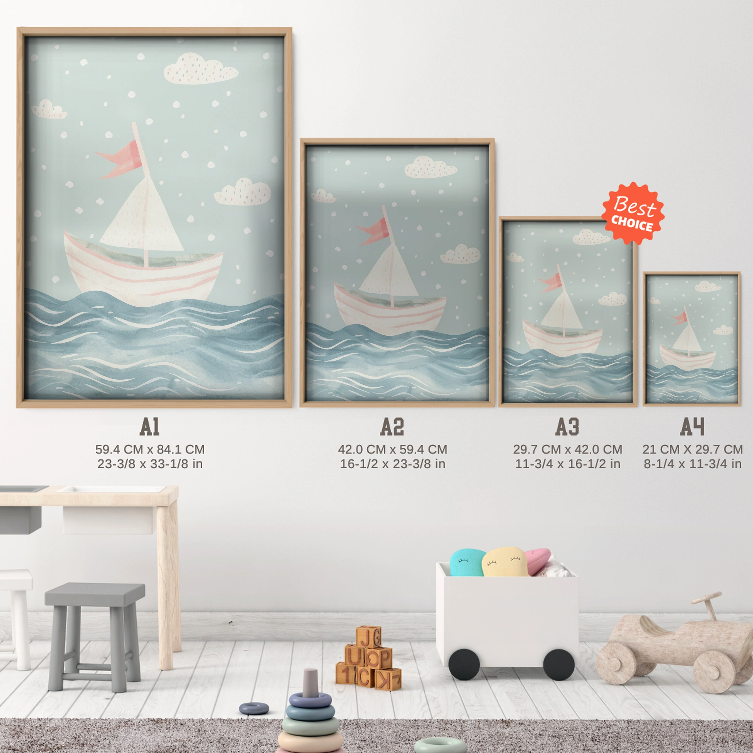 Little Sailboat Nursery Print - size guide A4 A3 A2 A1 nursery print